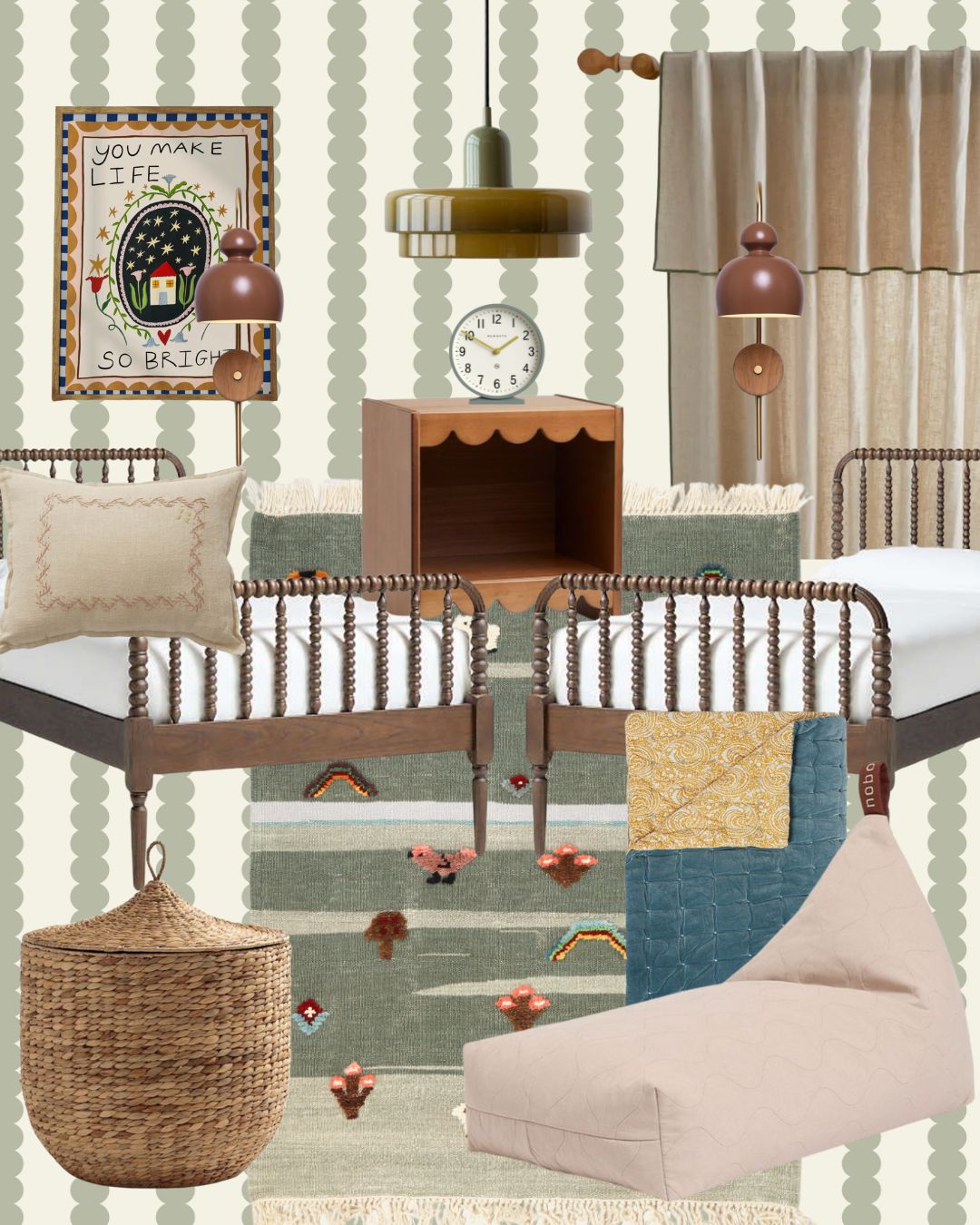 A cozy, vintage-inspired kids’ room with twin spindle beds, a scalloped nightstand, playful Scallop Stripe Wallpaper Green, a patterned rug, bean bag chair, wicker basket, pendant lights, gold wall lamp, and framed art.