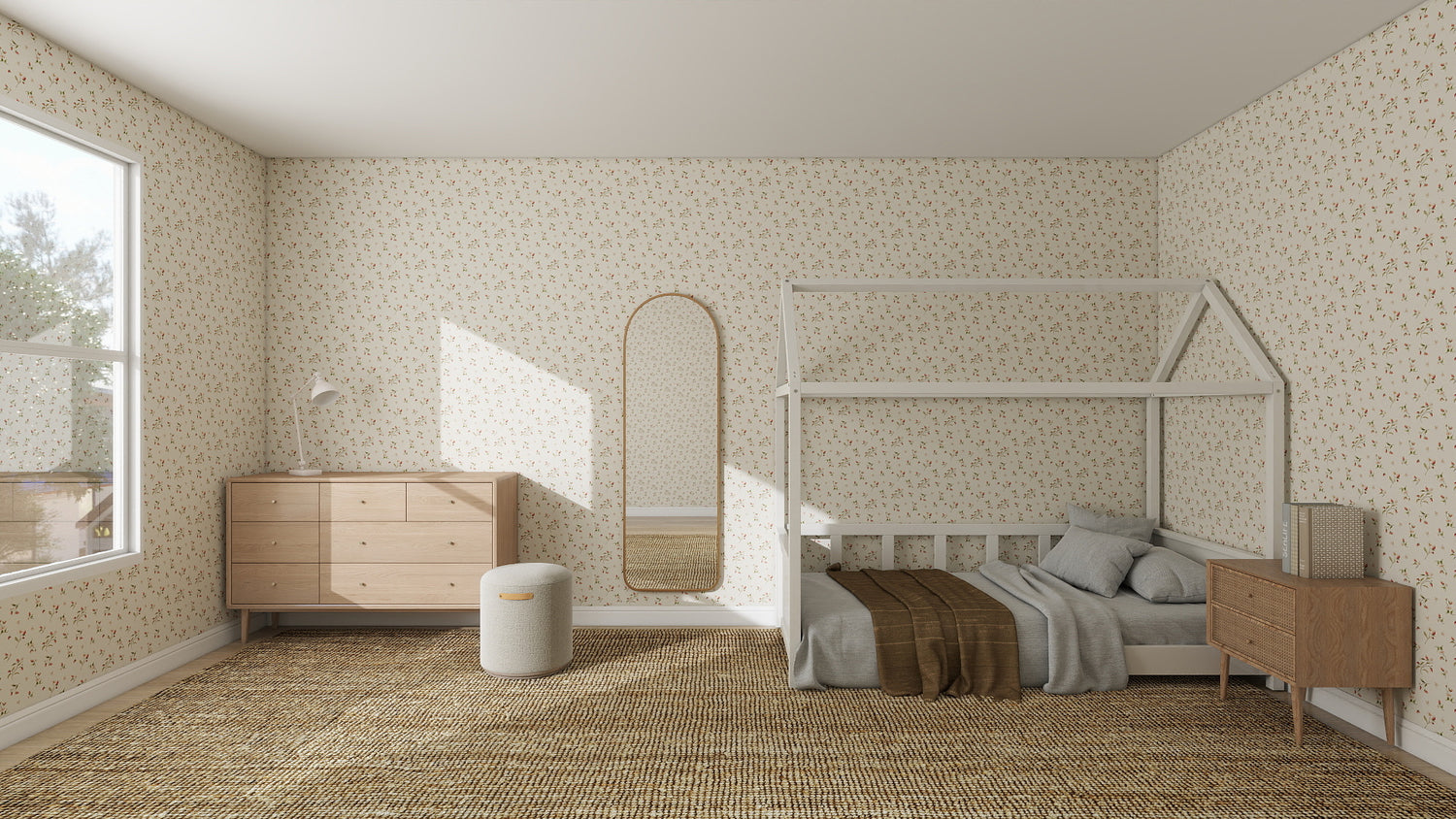 Minimalist bedroom with Berry and Bramble Wallpaper Repeat Pattern in beige floral tones, a house-frame bed, brown bedspread, wooden dresser, arched mirror, nightstand with white lamp, woven rug, and sunlight streaming through a large window.