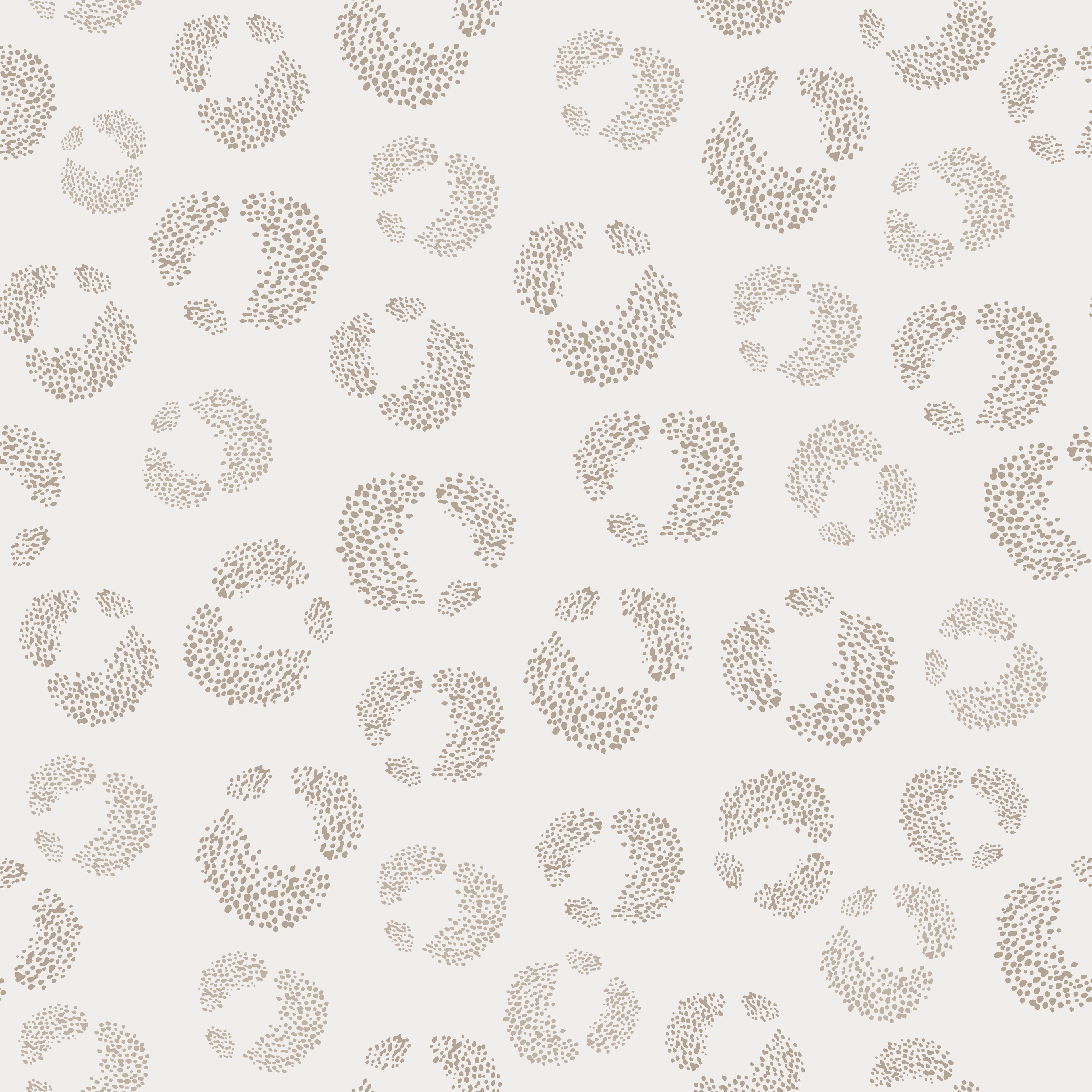 The Hallie Leopard Print Wallpaper features a modern, minimal beige dot pattern in circular shapes on white, evenly spaced for an abstract repeat design reminiscent of classic leopard print.