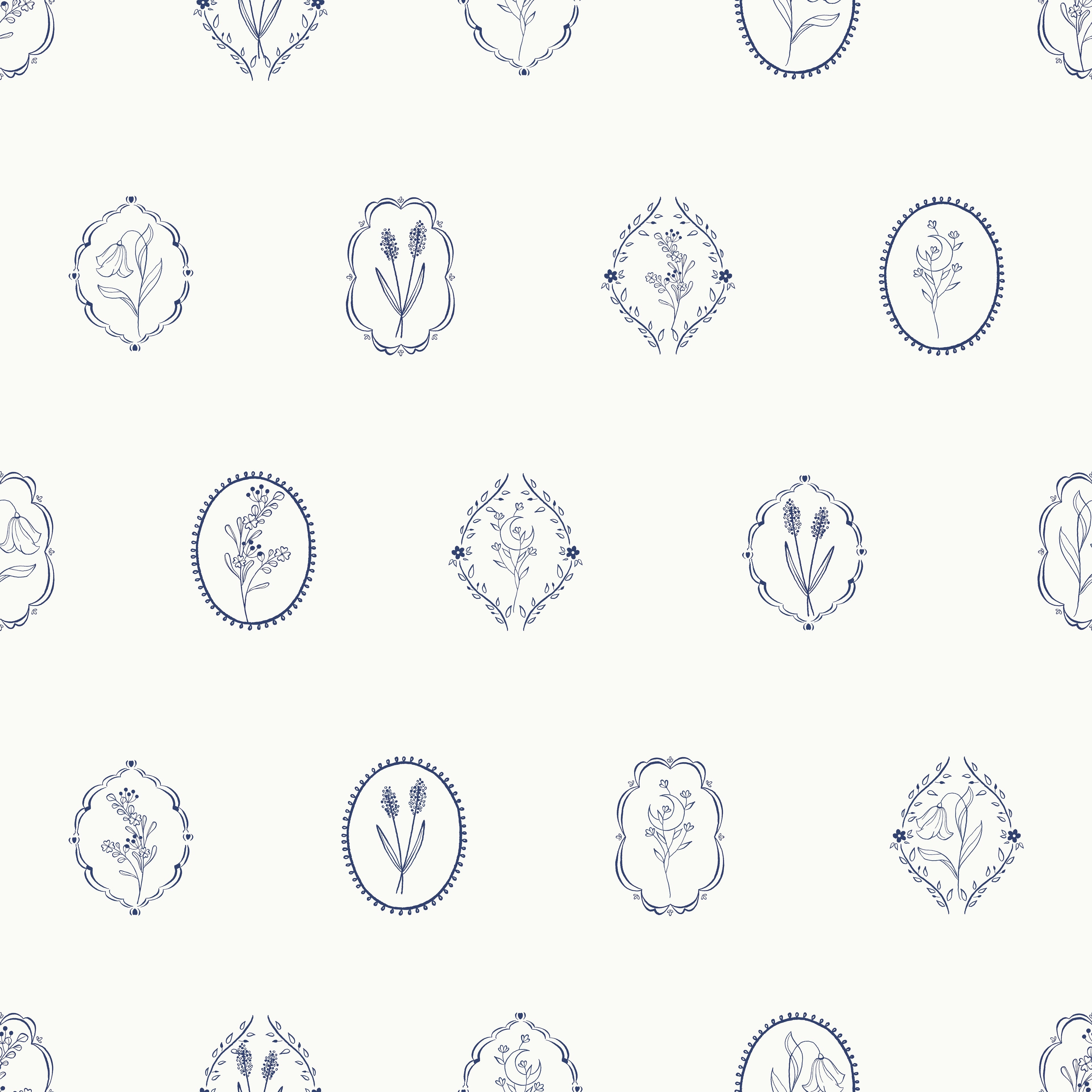 Botanic Emblem Wallpaper features a seamless pattern of delicate blue floral illustrations in oval and diamond frames, each showcasing a unique flower on a light background for an elegant, botanical look.