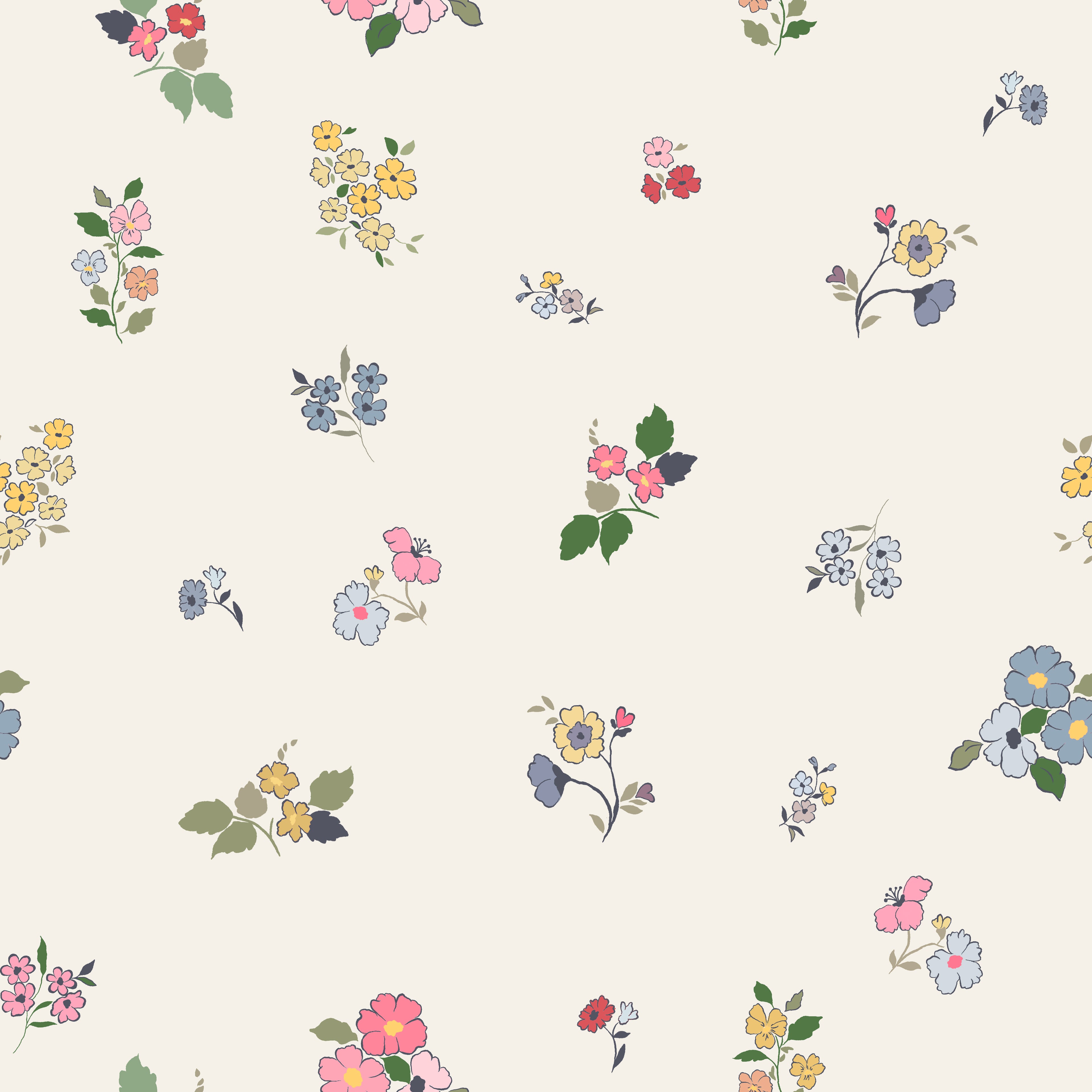 Powdered Petals Wallpaper features a seamless pattern of small pink, yellow, blue, and green florals with delicate leaves scattered on a cream background for a charming and colorful look.