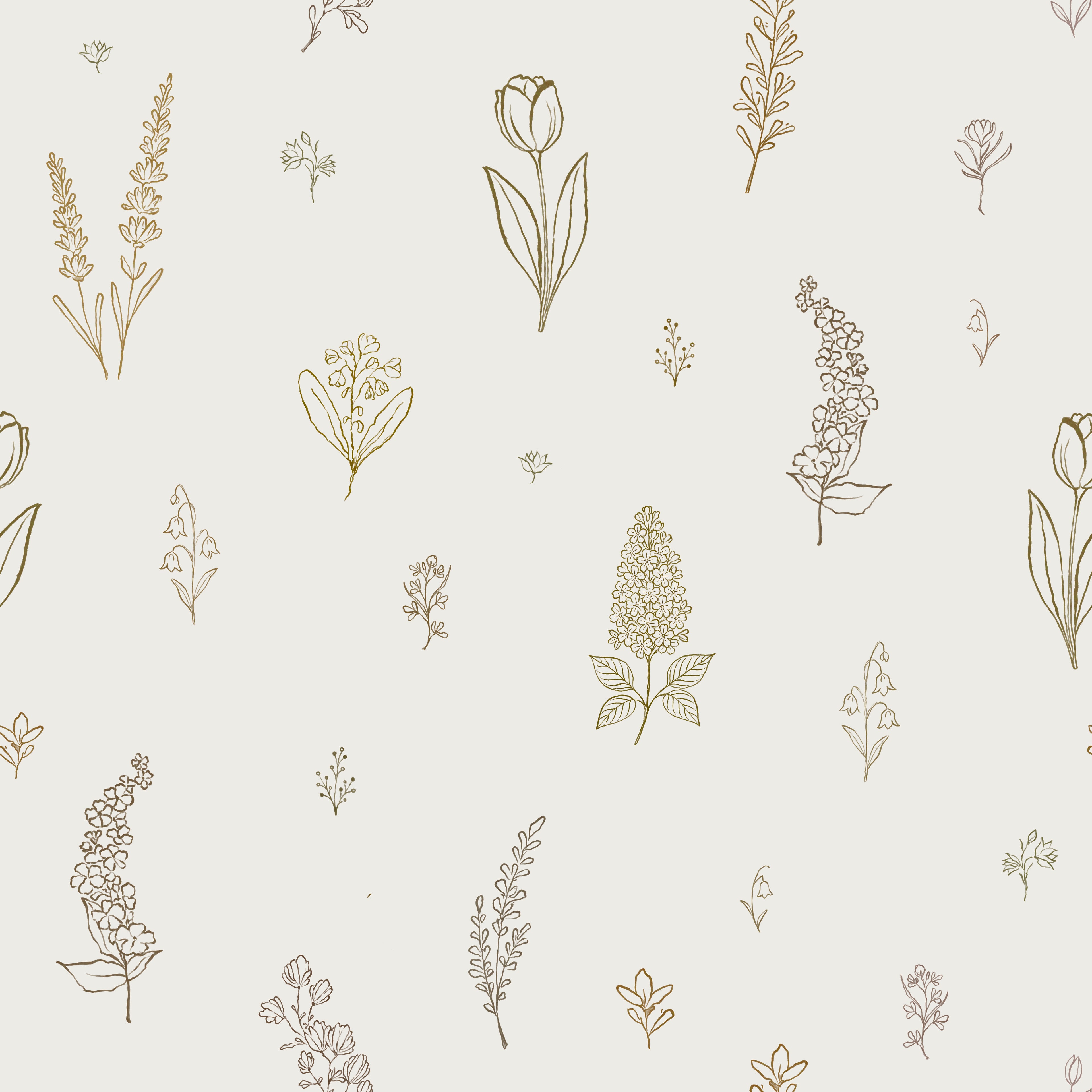 Delicate Meadows Wallpaper features hand-drawn botanical illustrations of flowers and leaves in muted earth tones on a light beige background for a seamless, nature-inspired look.