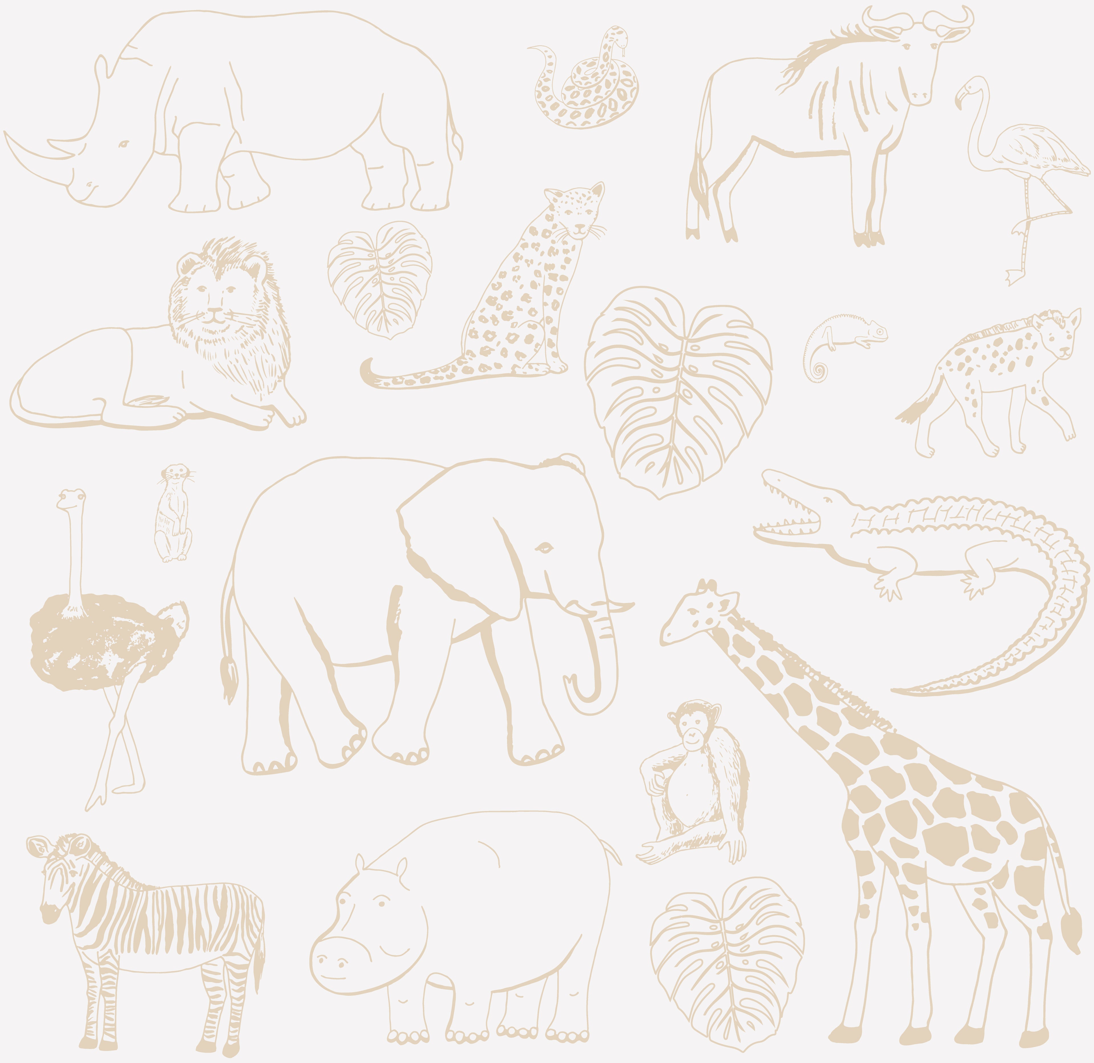 Custom Going on Safari Wallpaper Repeat Pattern | Beige on White showcases a variety of African animals—rhinoceros, lion, cheetah, zebra, elephant, giraffe, flamingo, ostrich, monkey, crocodile, hippopotamus, chameleon & wildebeest with leafy plants.