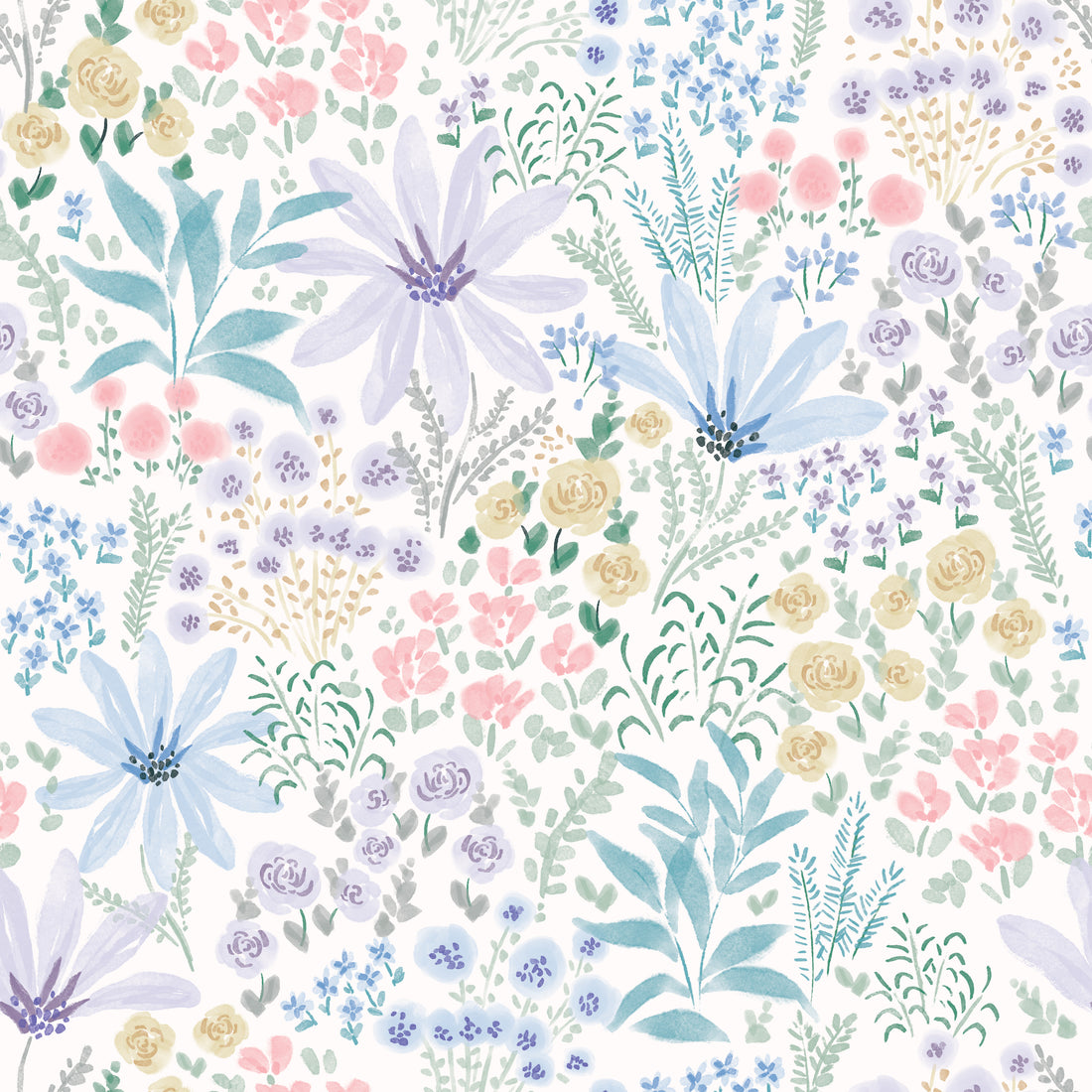 The Custom Pink Wildflower Waltz Wallpaper features a watercolor floral pattern with pink, lavender, blue, and yellow flowers plus green leaves on white—creating an airy, whimsical backdrop for any space.