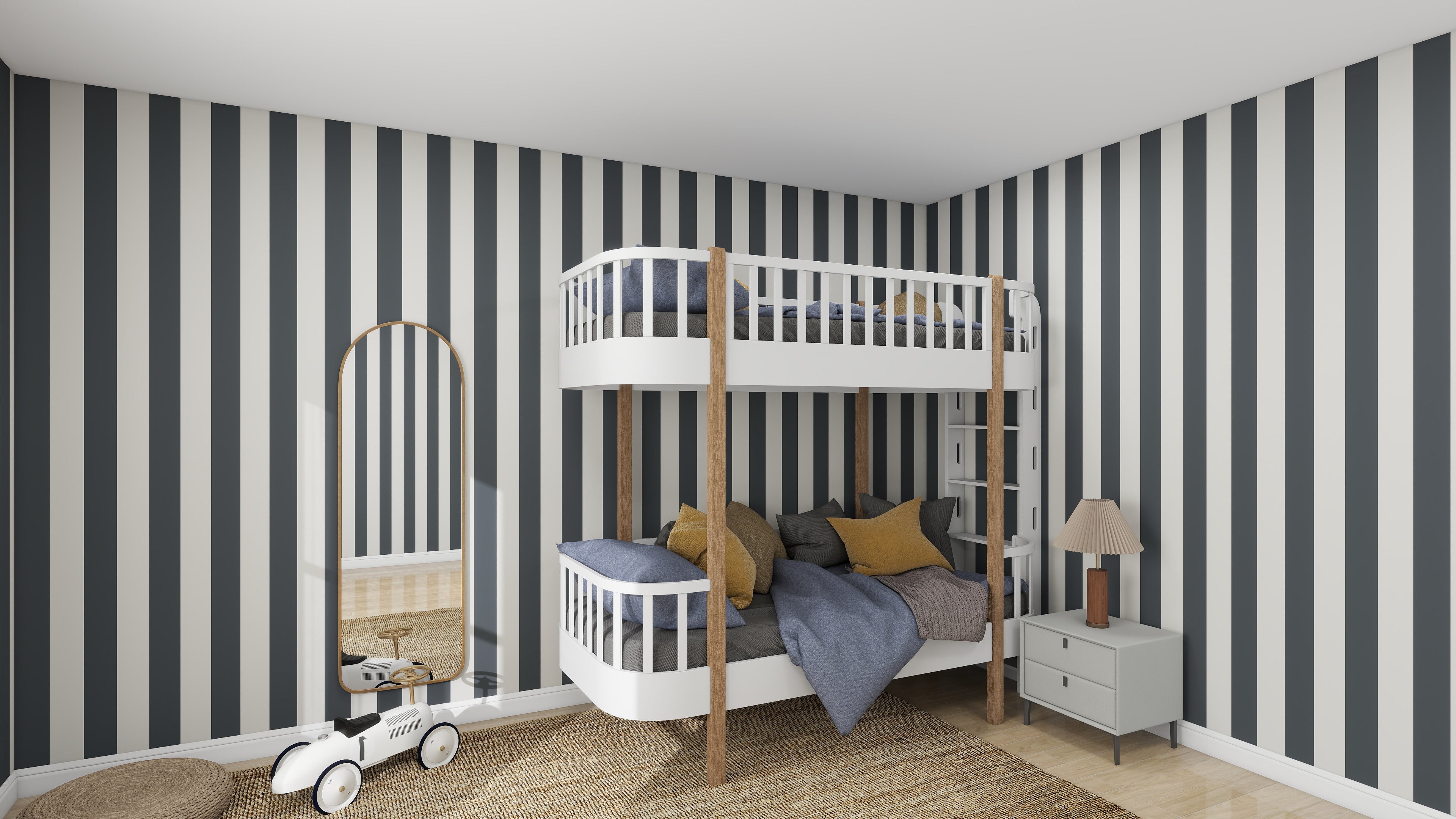 A modern childrens room shines with Circus Stripe Wallpaper Denim from munks and me, featuring black and white vertical stripes. A white bunk bed enhances the decor. Nearby, a mirror stands next to a toy car, while a gray side table with a lamp sits on the woven rug-covered wooden floor.