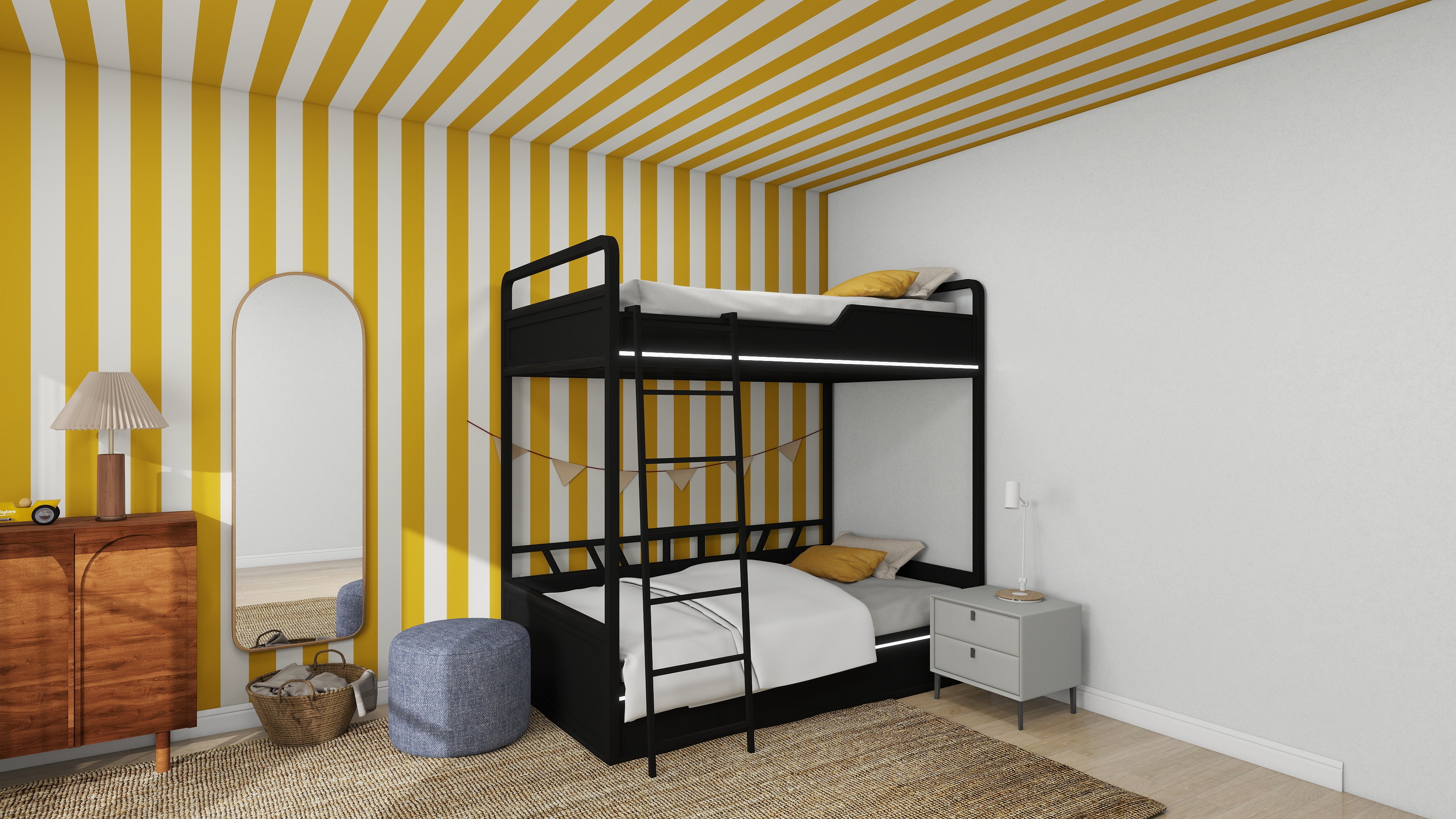 The bedroom showcases vibrant Circus Stripe Wallpaper Mustard by munks and me on the walls and ceiling, complemented by a black bunk bed, wooden dresser with a lamp, oval mirror, pouf, small gray nightstand, and textured rug—the ideal decor for a lively kids room.