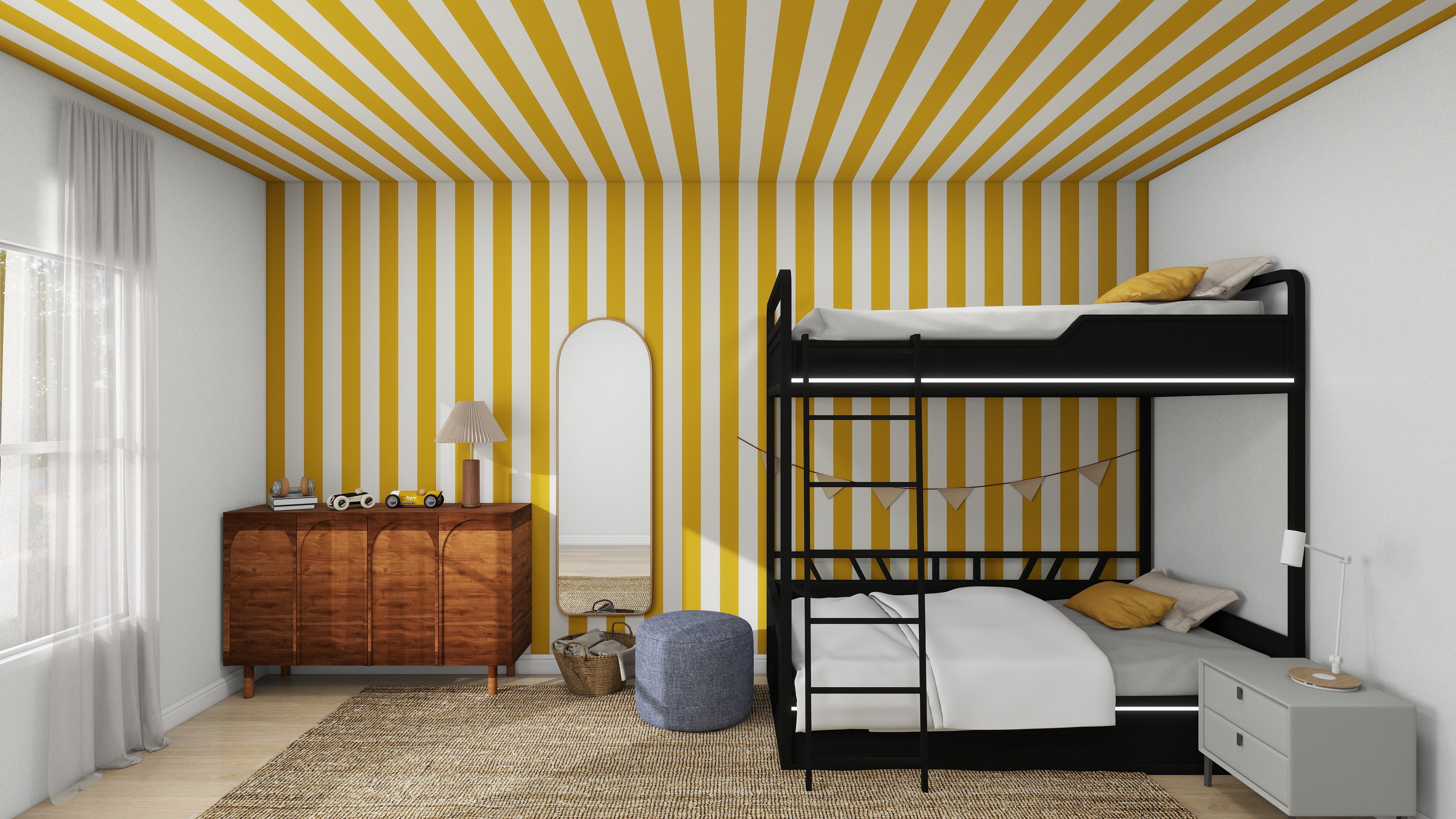 A bedroom showcases munks and mes Circus Stripe Wallpaper Mustard on walls and ceiling, a sleek black bunk bed, a wooden dresser with toys, and a small round mirror. A round blue ottoman rests on the beige rug as daylight filters through sheer curtains, creating an idyllic scene.