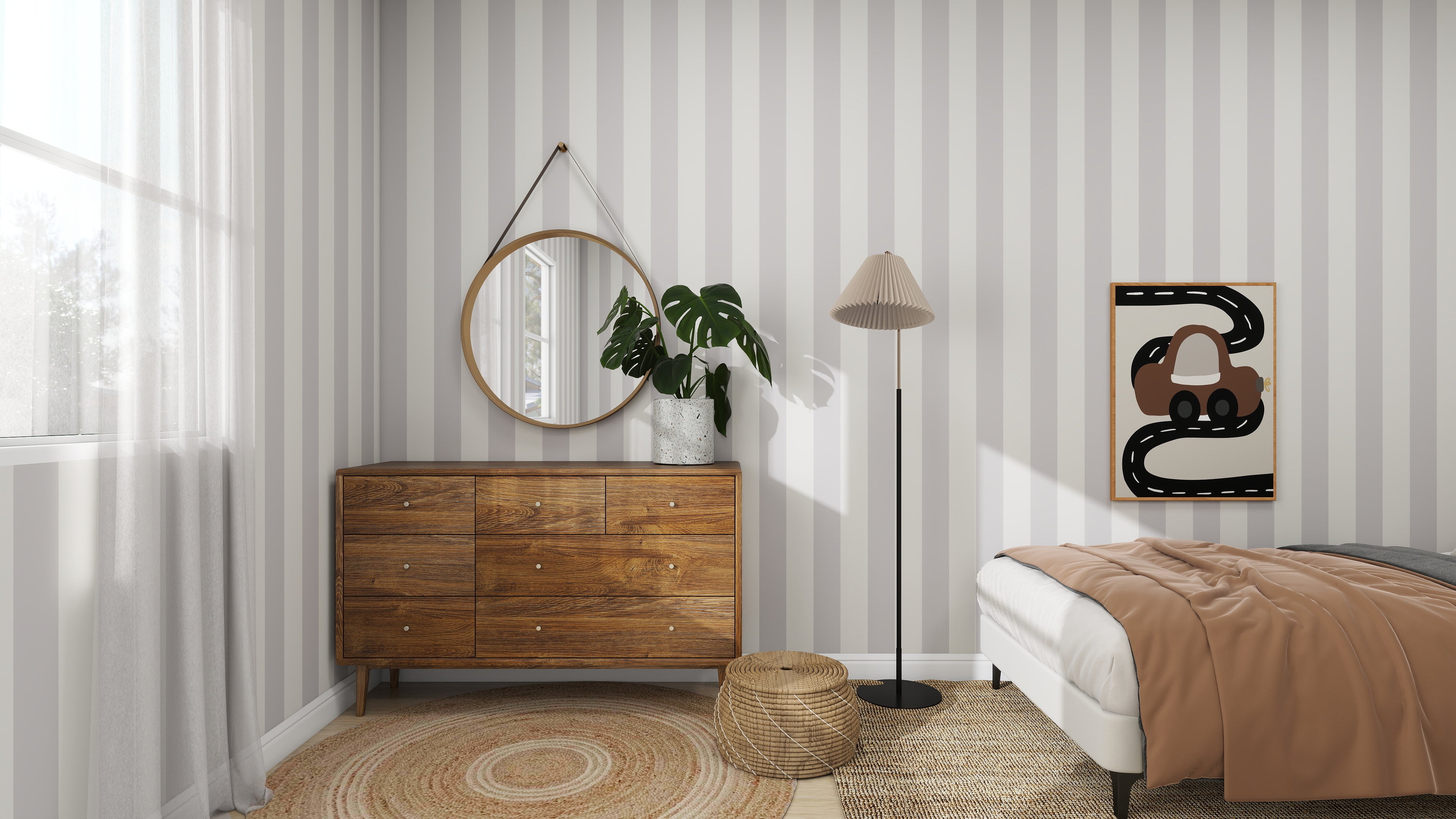 A minimalist bedroom features munks and mes Circus Stripe Wallpaper Stone, a wooden dresser with a round mirror, and a potted plant. The floor is adorned with a wicker basket, rug, and tall floor lamp, complementing the beds brown blankets. A geometric artwork completes this serene space.