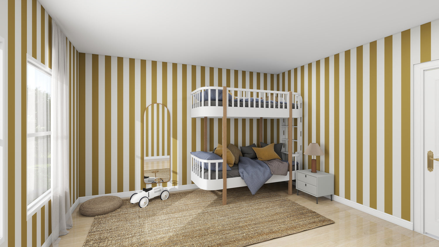 This charming kids space features yellow and white Circus Stripe Wallpaper Moss by munks and me, a white bunk bed with blue and yellow bedding, a small nightstand, a round mirror, and a toy car on the woven rug as natural light streams through sheer curtains.