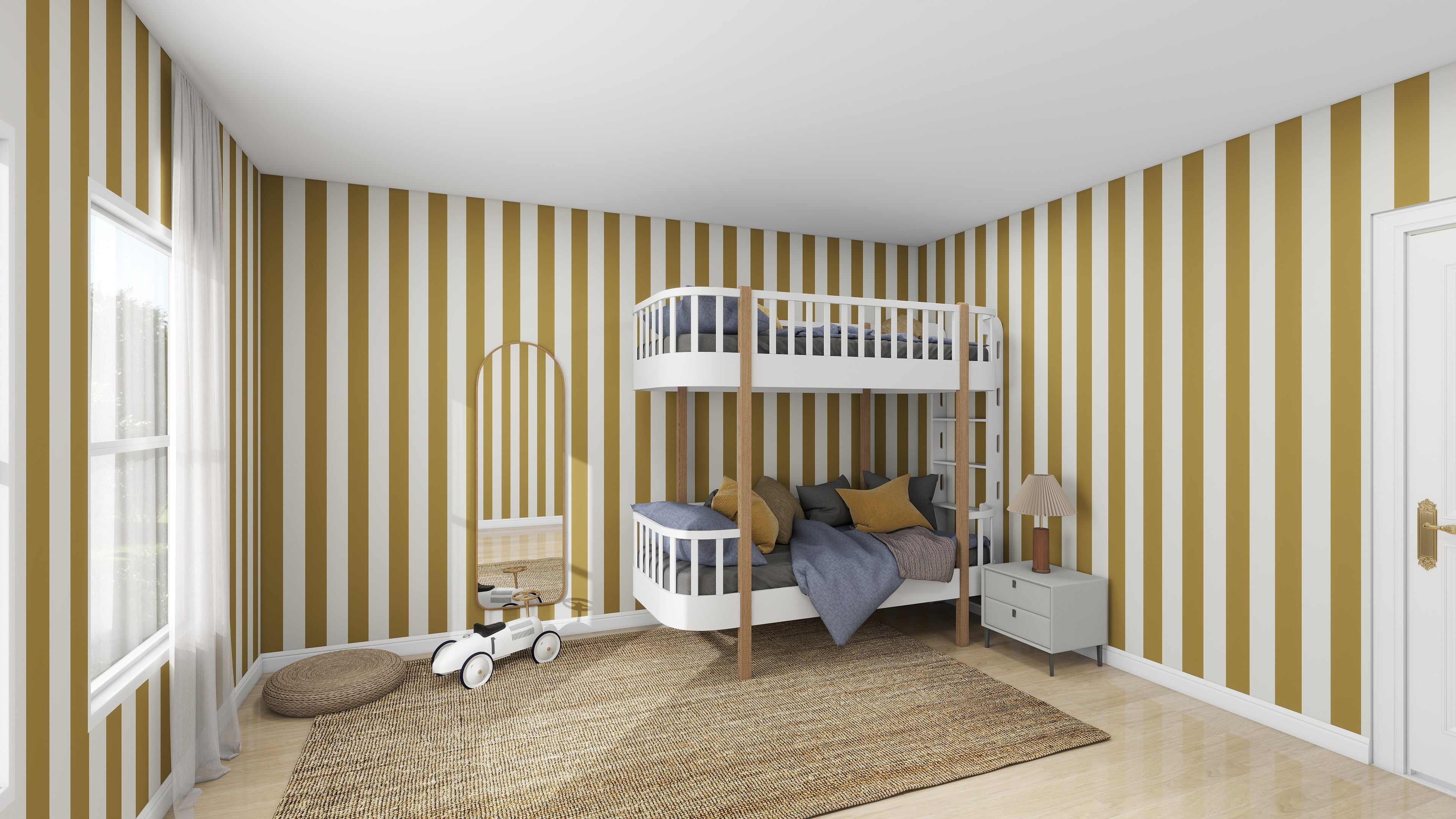 This charming kids space features yellow and white Circus Stripe Wallpaper Moss by munks and me, a white bunk bed with blue and yellow bedding, a small nightstand, a round mirror, and a toy car on the woven rug as natural light streams through sheer curtains.