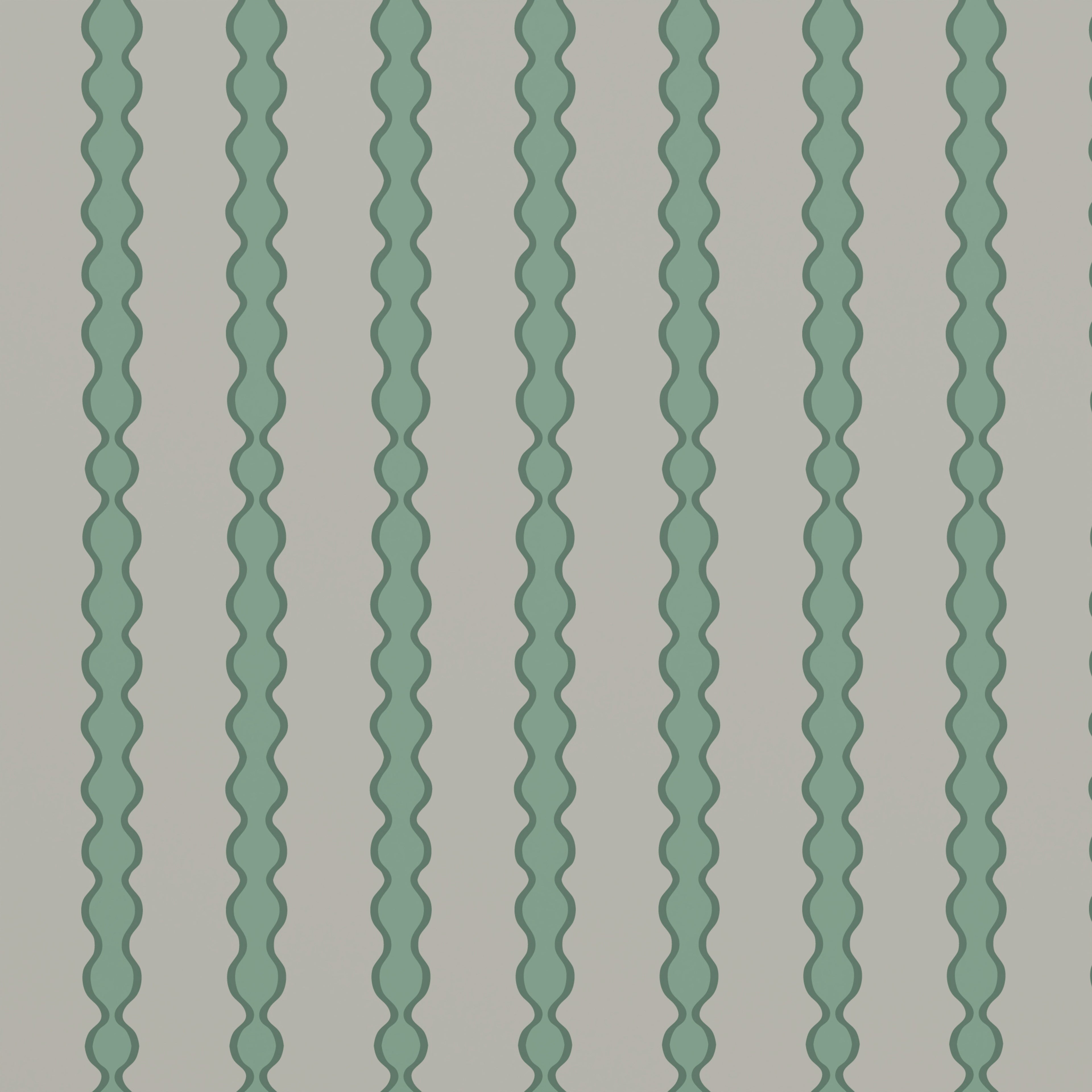 The Custom Green Seafoam Abacus Stripe Wallpaper Sample features evenly spaced vertical wavy teal lines on a white background, offering a simple yet striking abstract geometric pattern.