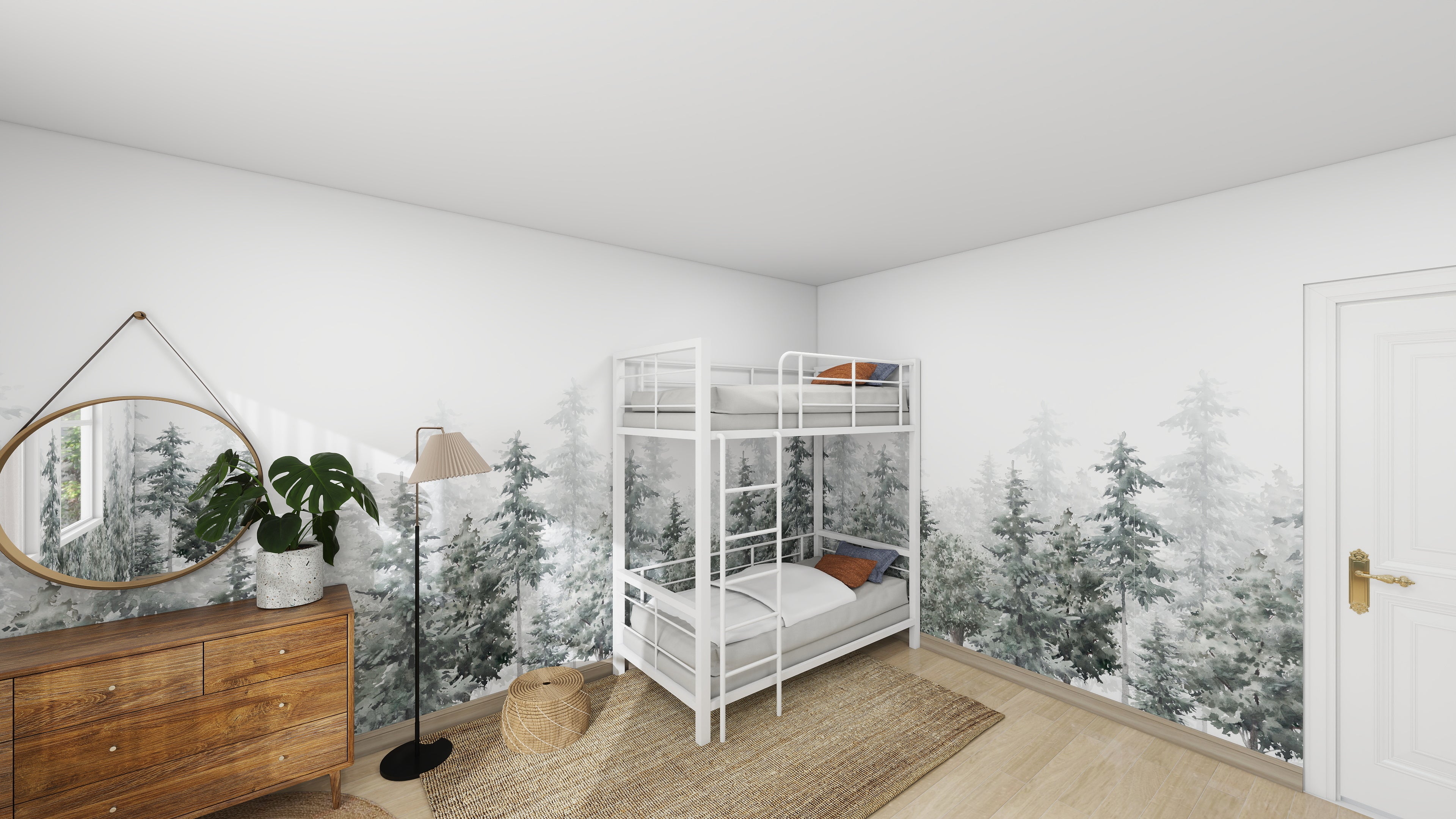 A bedroom features a white metal bunk bed against the Walk In The Forest Wallpaper Mural by munks and me, with a woven rug on the light wooden floor enhancing the serene space. A wooden dresser with a potted plant, round mirror, and floor lamp stand nearby. A closed white door is on the right.