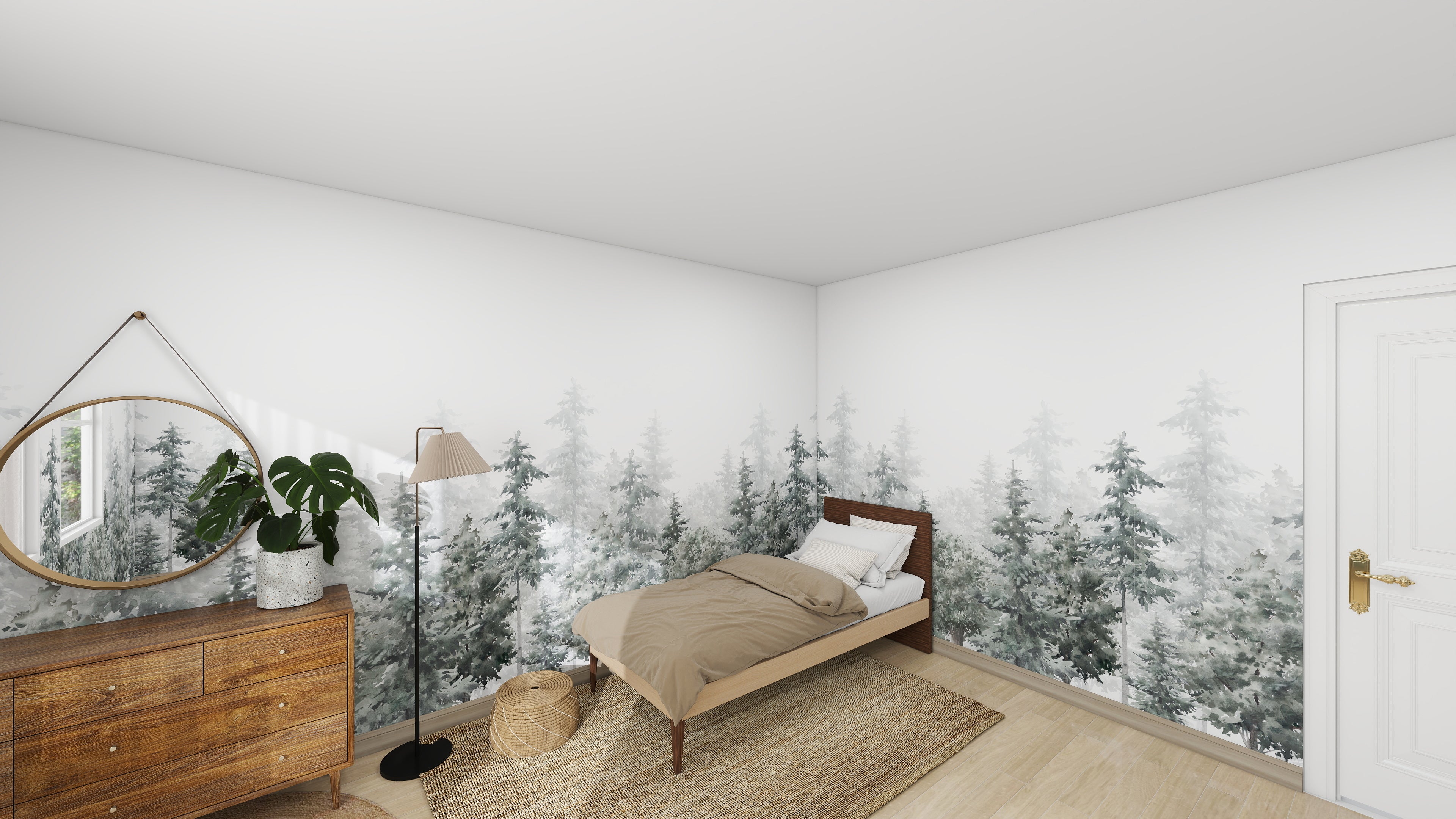 A serene minimalist bedroom featuring the Walk In The Forest wallpaper mural by munks and me, a wooden bed with beige bedding, a dresser with a plant in a vase, a floor lamp, and a large round mirror. The light wood flooring complements the space seamlessly.