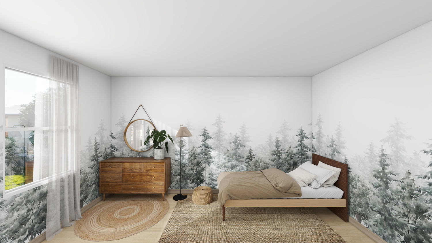 A serene atmosphere envelops this minimalist bedroom with the Walk In The Forest wallpaper mural by munks and me on pristine white walls. The space includes a wooden bed with beige bedding, a cozy jute rug, and sheer curtains framing the window.