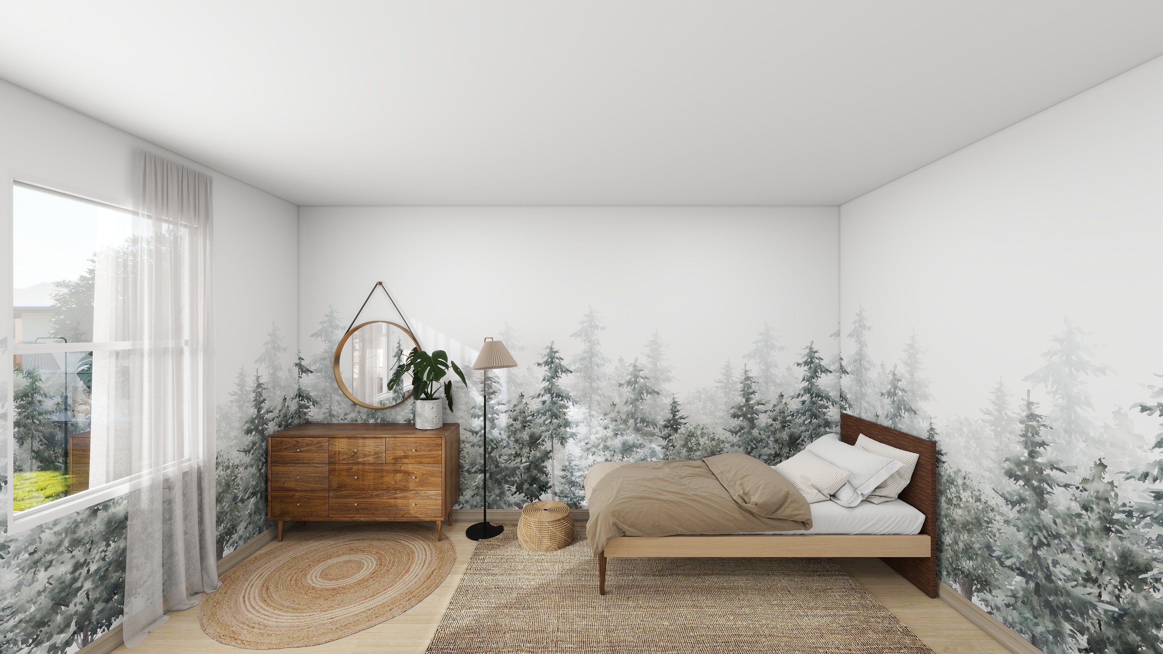 A serene atmosphere envelops this minimalist bedroom with the Walk In The Forest wallpaper mural by munks and me on pristine white walls. The space includes a wooden bed with beige bedding, a cozy jute rug, and sheer curtains framing the window.