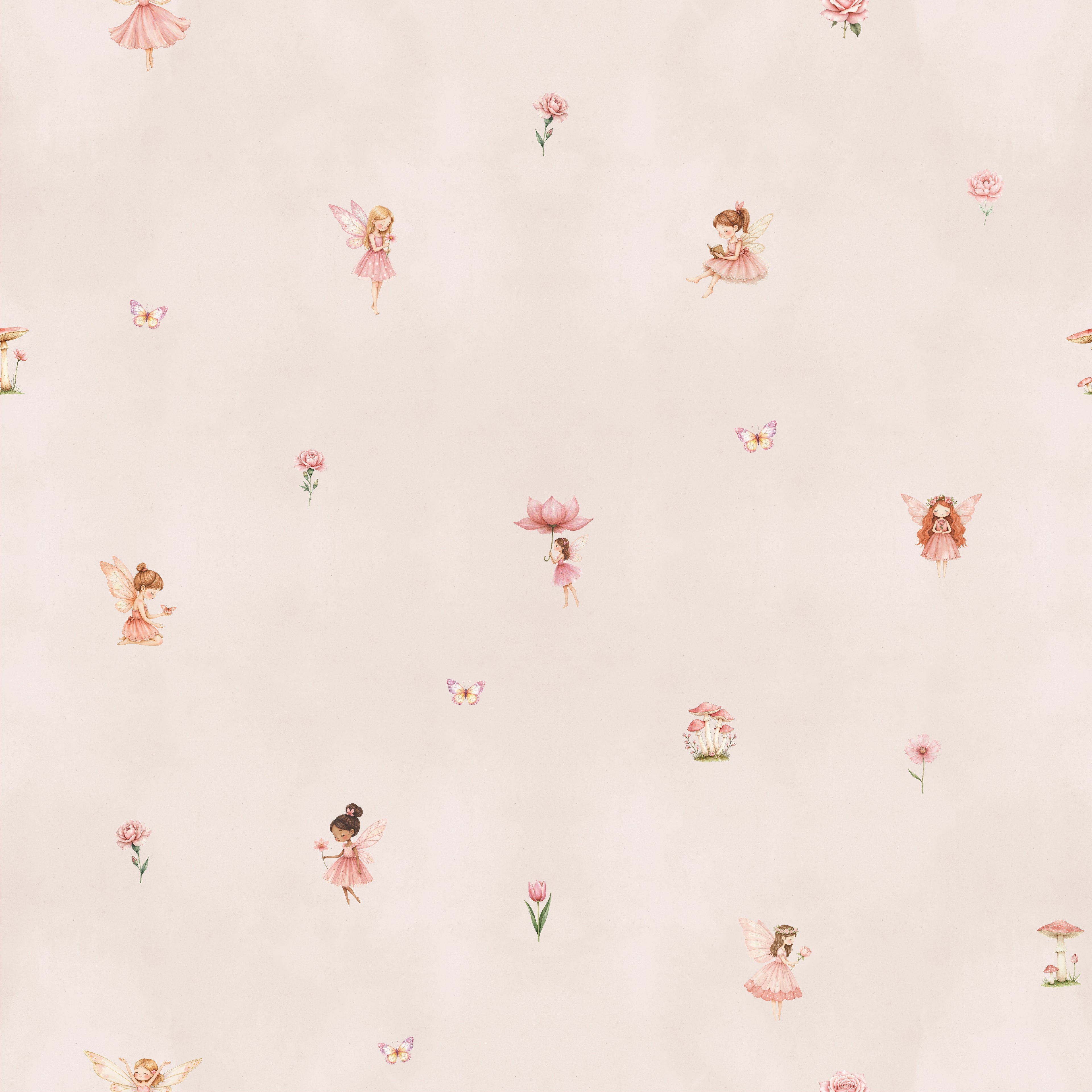 Custom Fairy Wallpaper | Sample features a soft pink background adorned with delicate fairies, flowers, and butterflies, creating a whimsical, magical pattern—ideal for adding charm to any space.