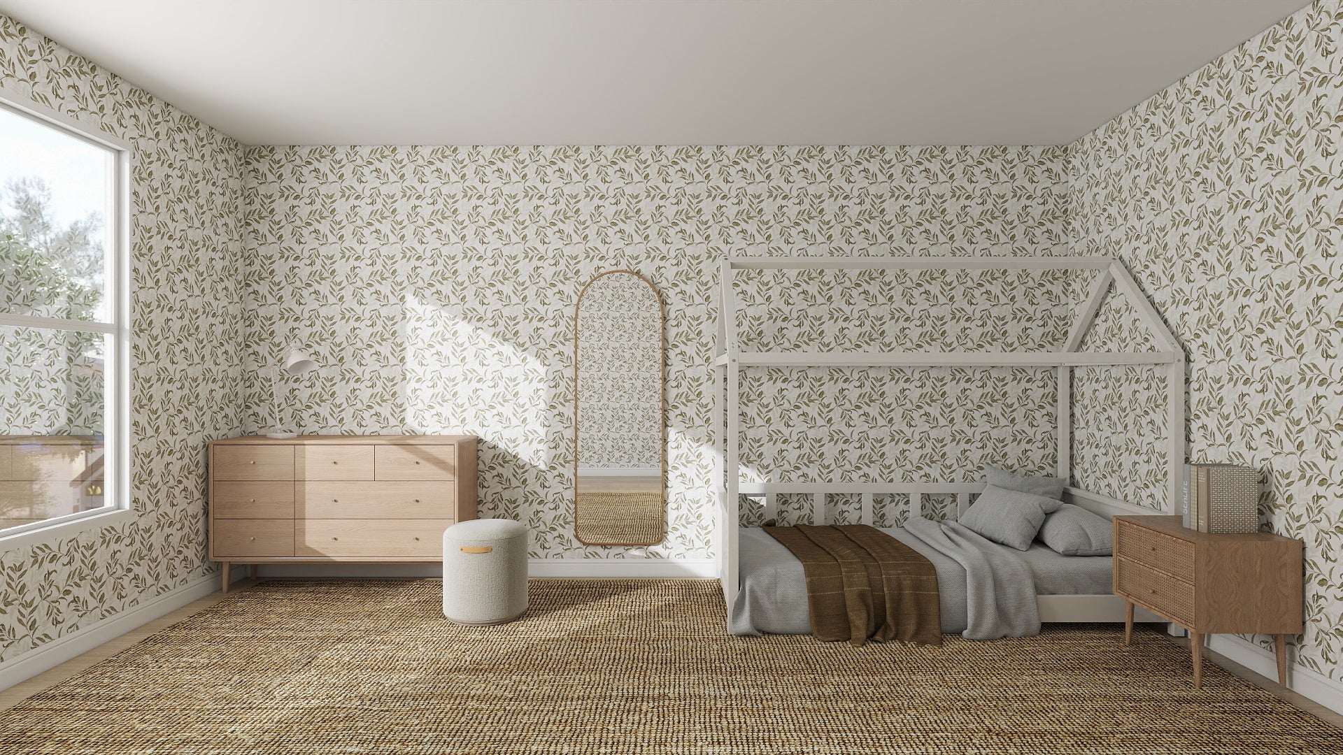 A bright bedroom with Dreamy Vines Wallpaper Repeat Pattern, a house-shaped bed frame, brown bedding, tall mirror, wooden dresser, nightstand, woven natural-tone rug, and sunlight streaming through a large window.