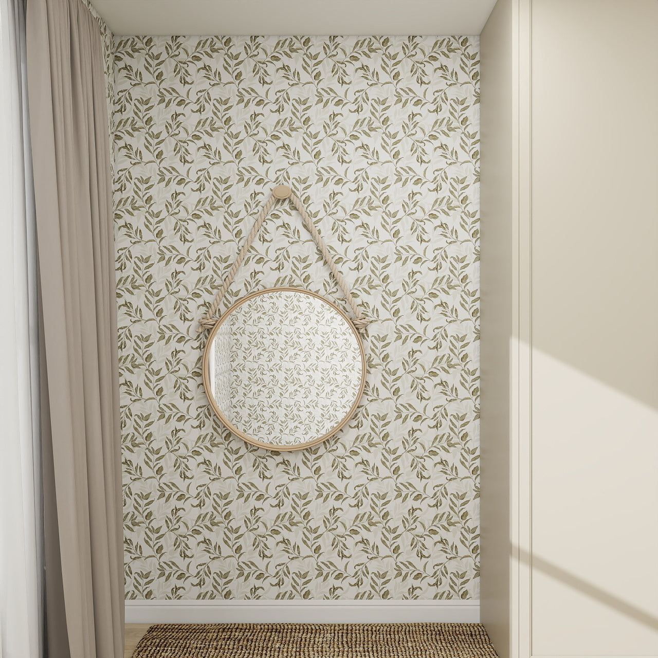 A round mirror with a leather strap hangs on a wall covered in Dreamy Vines Wallpaper Repeat Pattern, highlighting its beautiful leafy beige and white design. Beige curtains and a woven mat create a cozy, natural-toned corner.