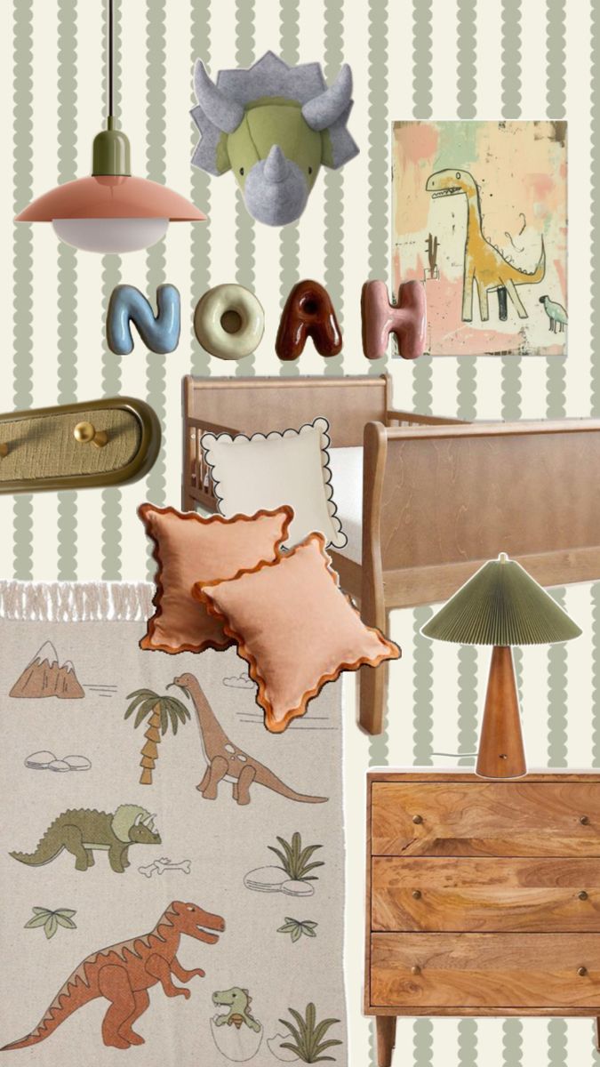 A collage of dinosaur-themed nursery décor features a dino wall mount, NOAH pillow letters, dinosaur art, a wooden bed, lamp, decorative pillows, and Scallop Stripe Wallpaper Green for a playful atmosphere.