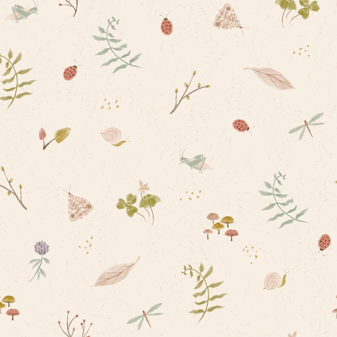 Whimsical seamless pattern featuring leaves, snails, ladybugs, dragonflies, mushrooms, branches, and delicate flowers on a pale beige background—perfect as Elsies Verdant Garden Wallpaper to evoke a gentle, nature-inspired ambiance.