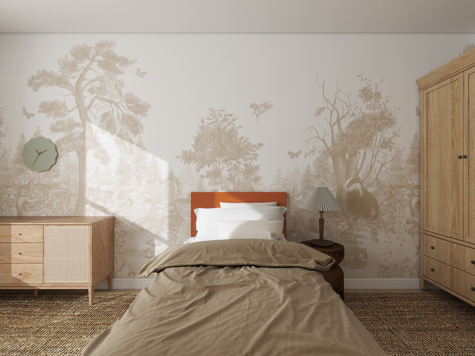 A minimalist bedroom with neutral tones features tan bedding, a wooden side table, wardrobe, dresser with a clock, and an Into The Forest Wallpaper Mural Neutral | Sample as a stunning nature-inspired accent behind the bed.