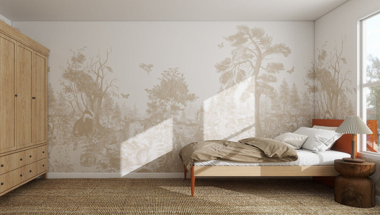 A minimalist bedroom features a large window, wooden bed with beige bedding, side table with lamp, woven rug, wooden wardrobe, and walls decorated with Into The Forest Wallpaper Mural Neutral.