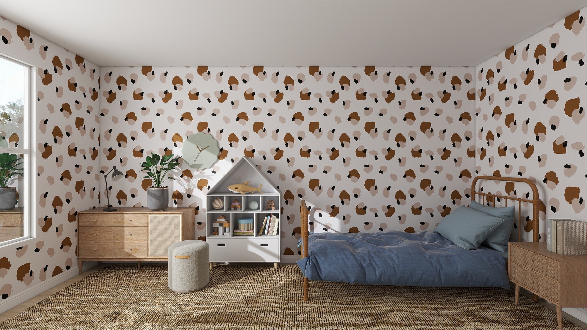 A cozy bedroom with whimsical decor featuring the Harry Leopard Print Wallpaper Repeat Pattern, a twin bed with blue bedding, house-shaped bookshelf, wooden dresser, plants, natural woven rug, and sunlight from a large left window.