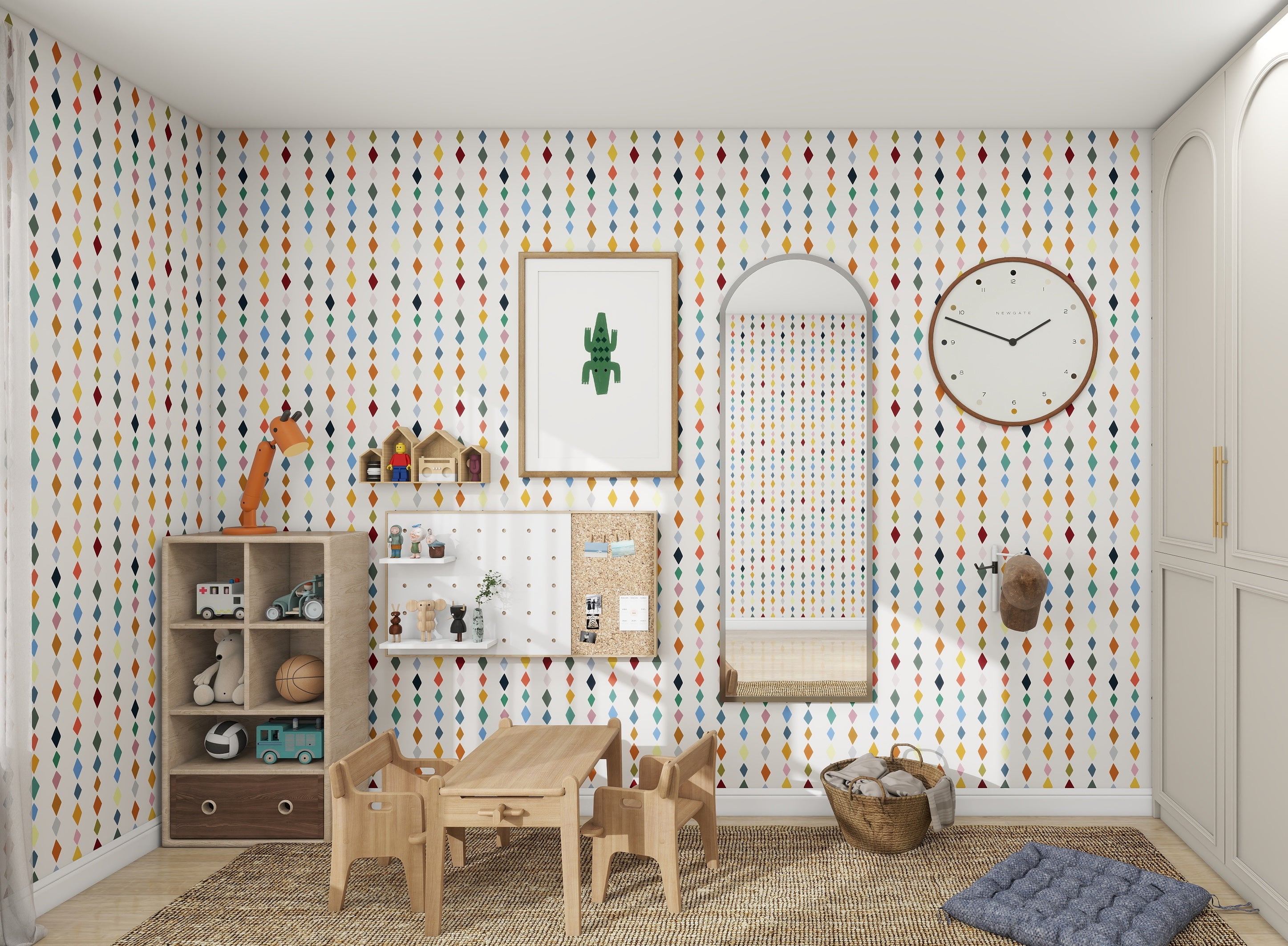 A vibrant kids room features Jolly Jester Wallpaper Repeat Multi by munks and me with raindrop designs. The wooden furniture includes a small table, chairs, a toy-filled cabinet, and a wicker basket. A clock and mirror decorate the wall while the floor is graced with a colorful woven rug.