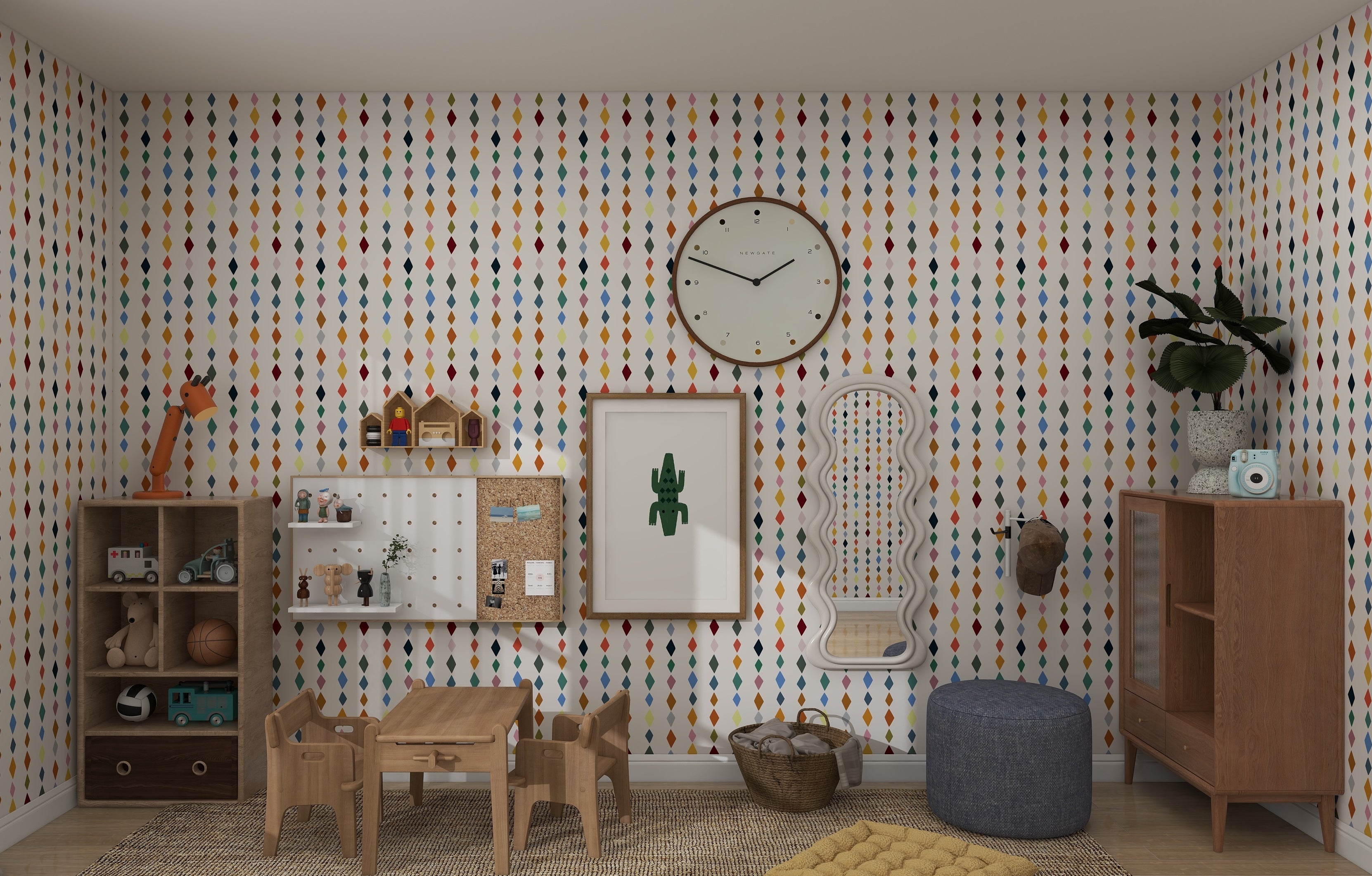 A childrens playroom features Jolly Jester Wallpaper Repeat Pattern | Multi by munks and me, a wooden table with chairs, feature walls with toy-filled shelves and a cactus picture, a large clock above, plus a pouf, small rug, and plants for a cozy finish.