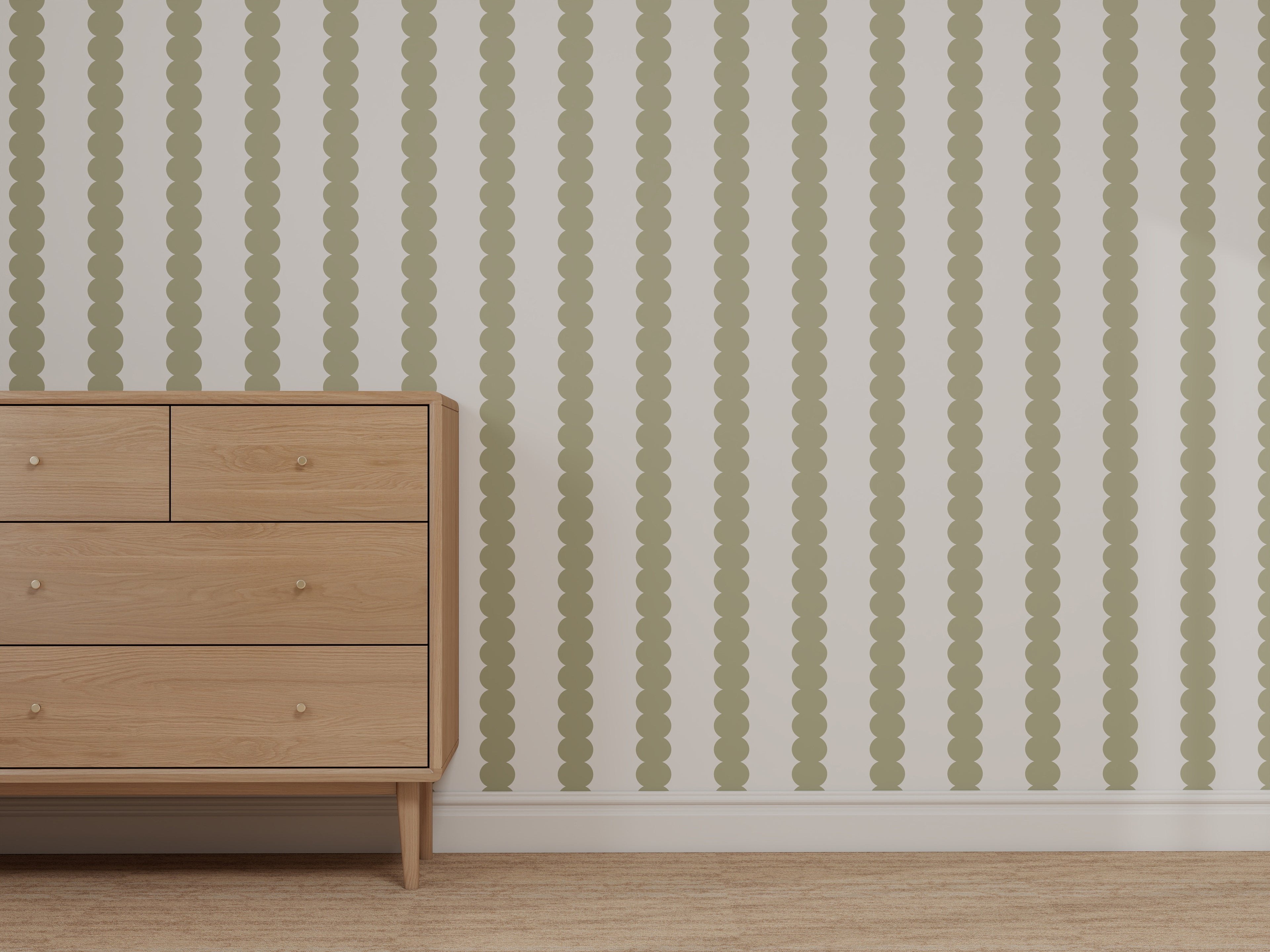 A custom dresser stands on tan carpet against a wall featuring the Custom Green and White Scallop Stripe | Repeat Pattern, creating a minimalist and modern look.