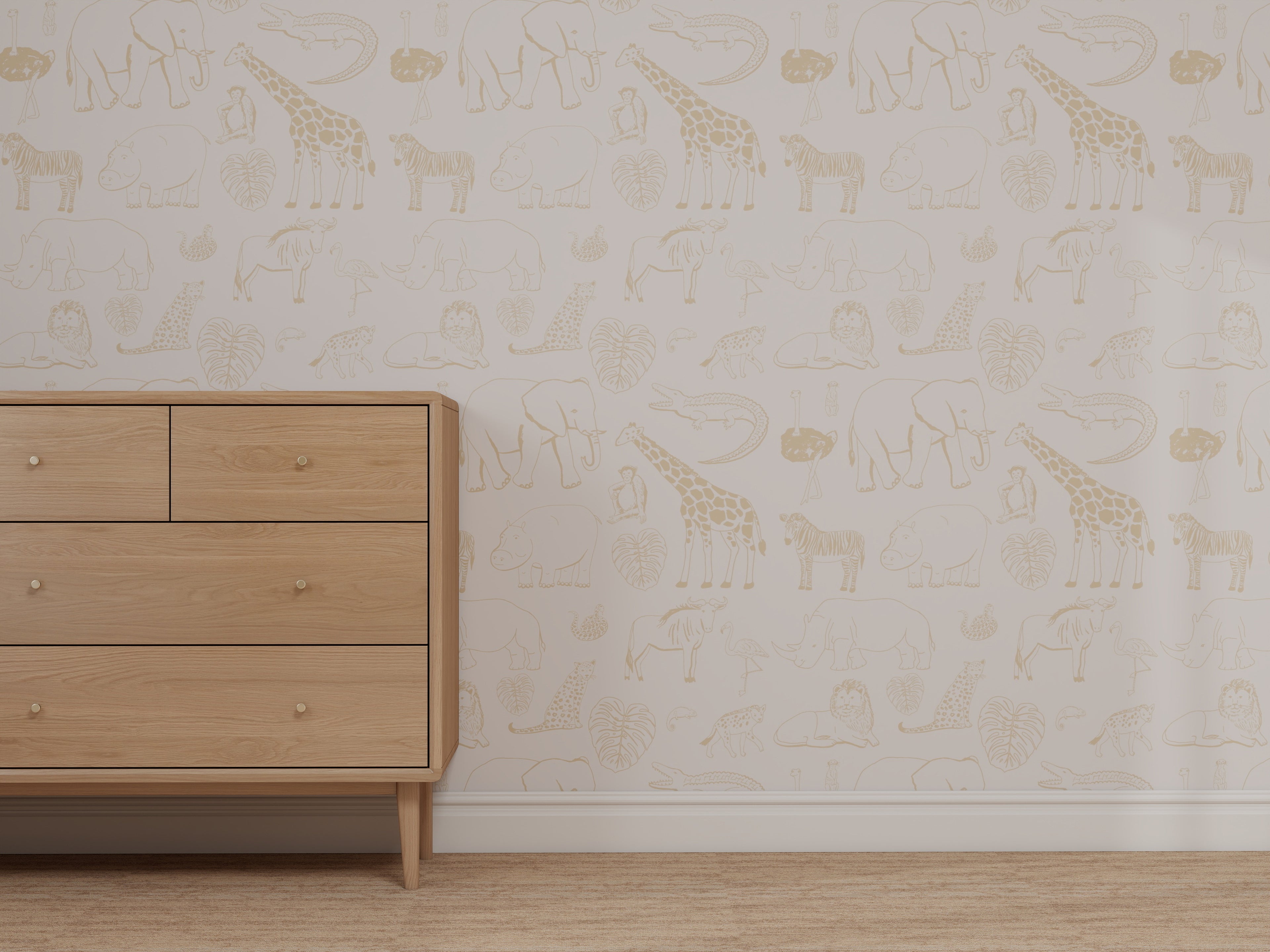 A wooden dresser stands against a wall covered in Custom Going on Safari Wallpaper Repeat Pattern | Beige on White, featuring line art drawings of elephants, giraffes, and zebras. The floor is carpeted in a neutral tone.