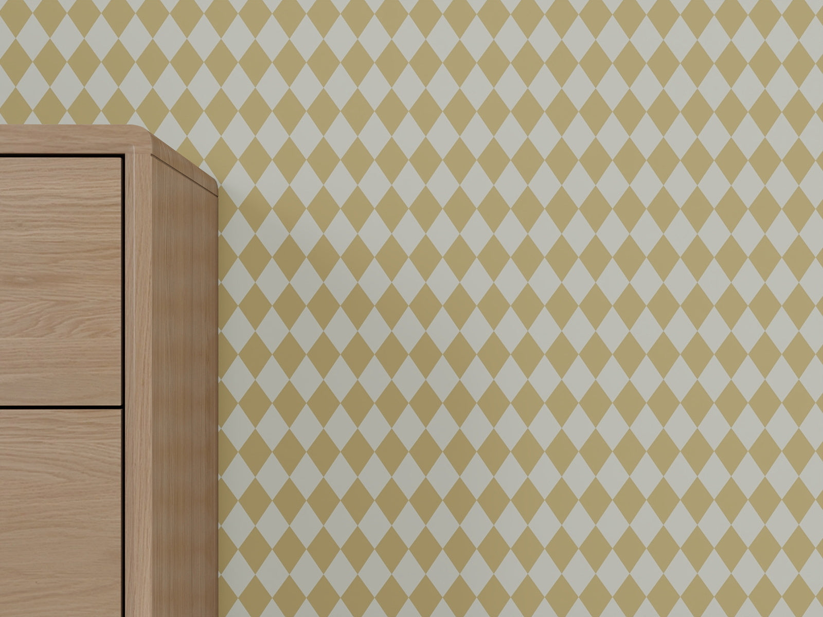A light wooden cabinet is partially visible on the left, set against a wall decorated with Diamond Dancer Wallpaper, Yellow.