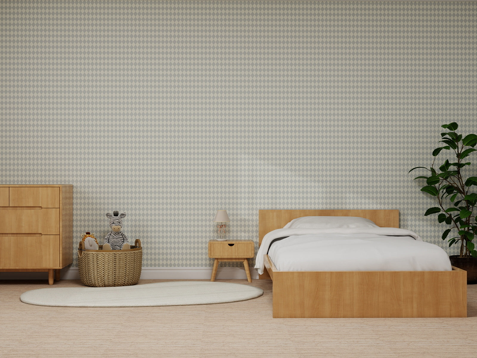 Minimalist bedroom with light wood bed, nightstand, and dresser. A basket of stuffed animals rests on a round rug beside a leafy plant. Walls feature Diamond Dancer Wallpaper in Blue for a touch of subtle pattern.
