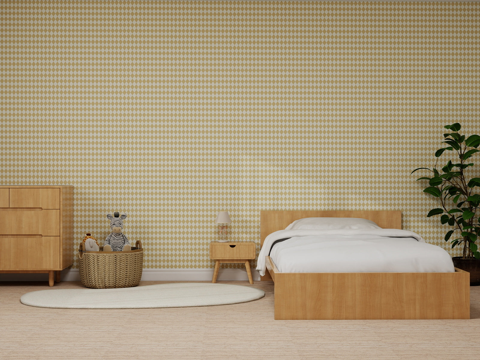 A minimalist bedroom with light wood furniture and a large plant by the bed features Diamond Dancer Wallpaper in yellow. A basket of toys rests on a white rug, completing the serene space.