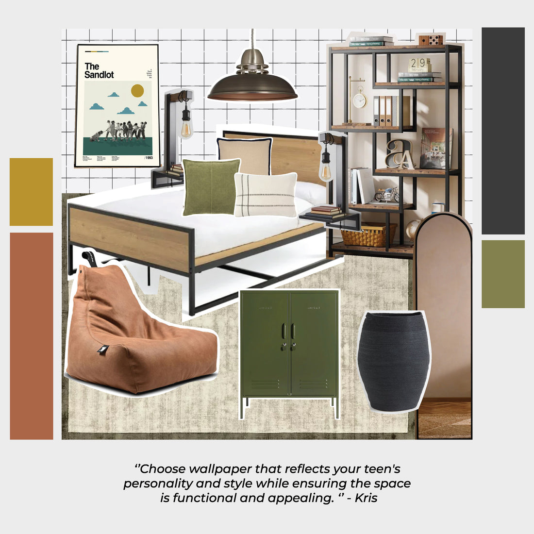 A bedroom design includes a modern bed with mixed linens, large shelving, and a brown bean bag chair. A green locker cabinet and industrial ceiling light add flair. Accent decor features the Urban Grid Wallpaper Sample by munks and me, highlighting the role of color in teen spaces.