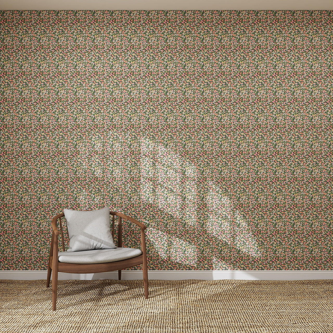 A wooden chair with a light cushion sits on a woven rug before a wall covered in Midnight Meadow Florals Wallpaper | Sample, its vibrant colors illuminated by sunlight casting window-shaped shadows across the intricate floral design.