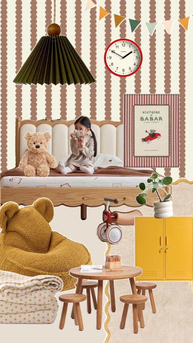 A cozy children’s room with Scallop Stripe Wallpaper Mocha, a child on a bed with a teddy bear, wall clock, Babar book, bear-shaped chair, yellow locker, small table and stools, and decorative banners.