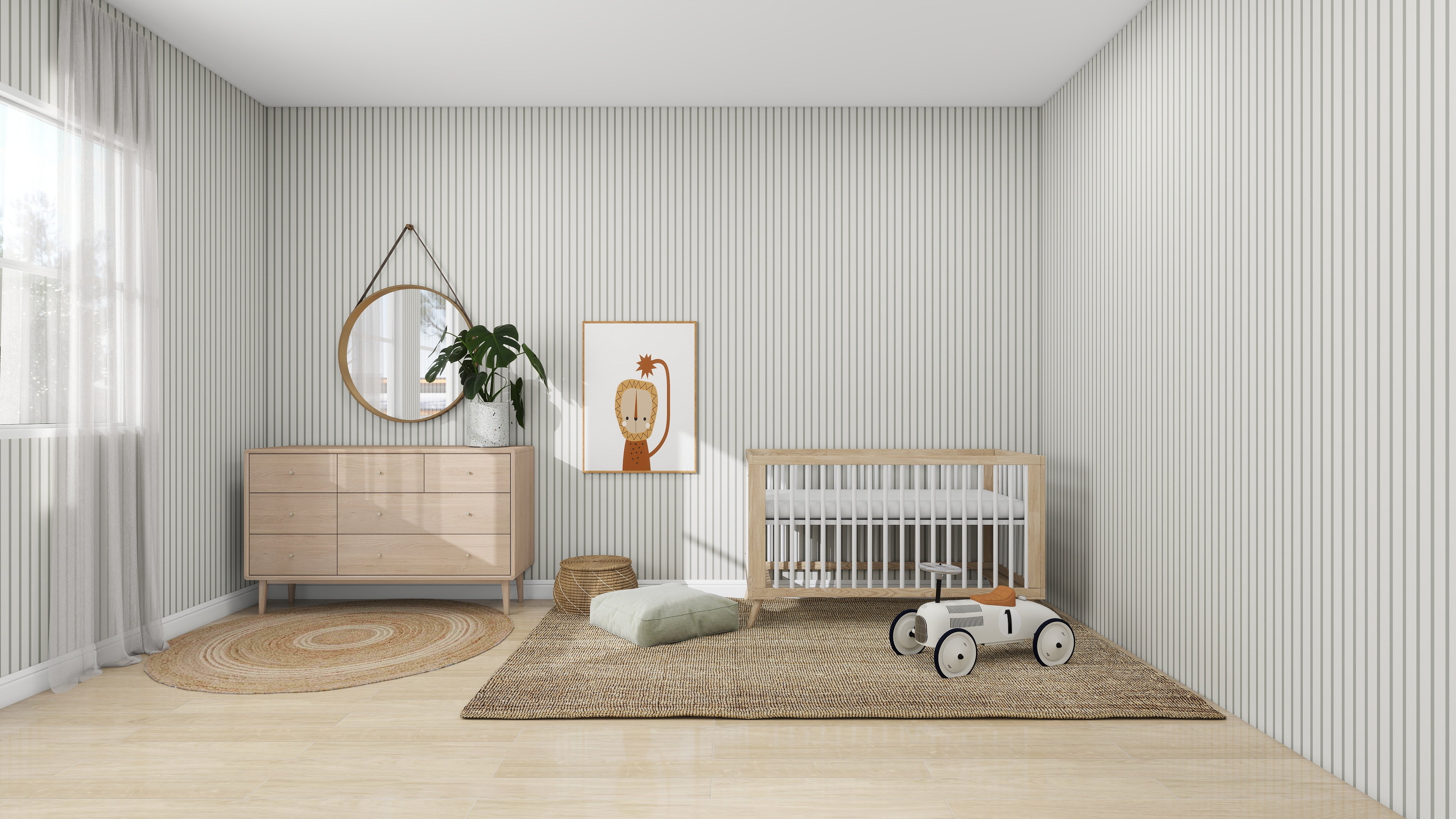 A nursery featuring munks and mes Pinstripe Wallpaper Matcha includes a wooden crib, small dresser with a round mirror above, framed art, toy car on a jute rug, woven basket, and cozy throw pillows.