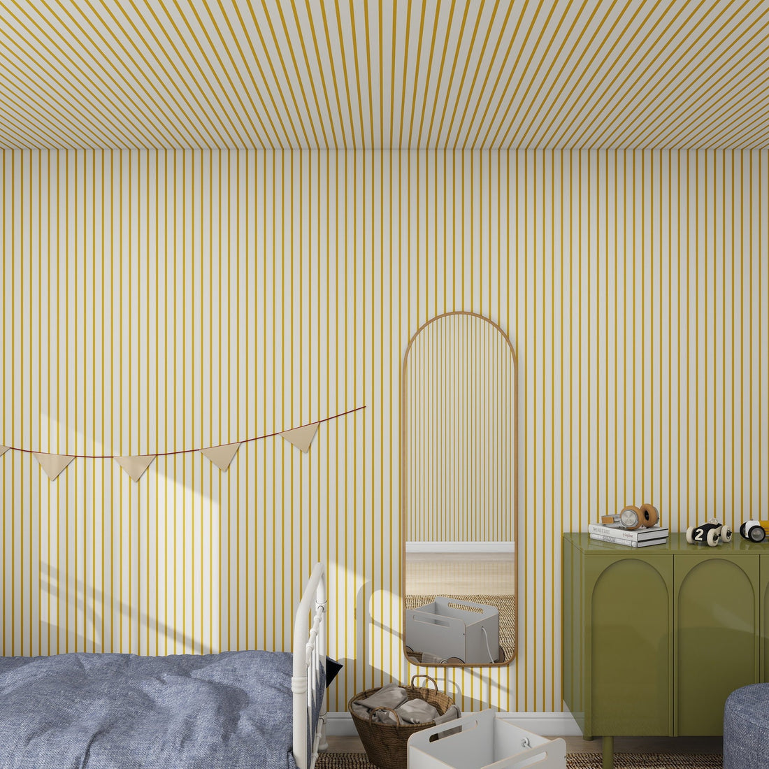 The bedroom features Pinstripe Wallpaper Mustard by munks and me, covering walls and ceiling. A slim mirror leans on the wall, a blue blanket adorns the bed beside a green cabinet with decor. Charming small triangular flags add character, with lighting akin to online samples enhancing the atmosphere.