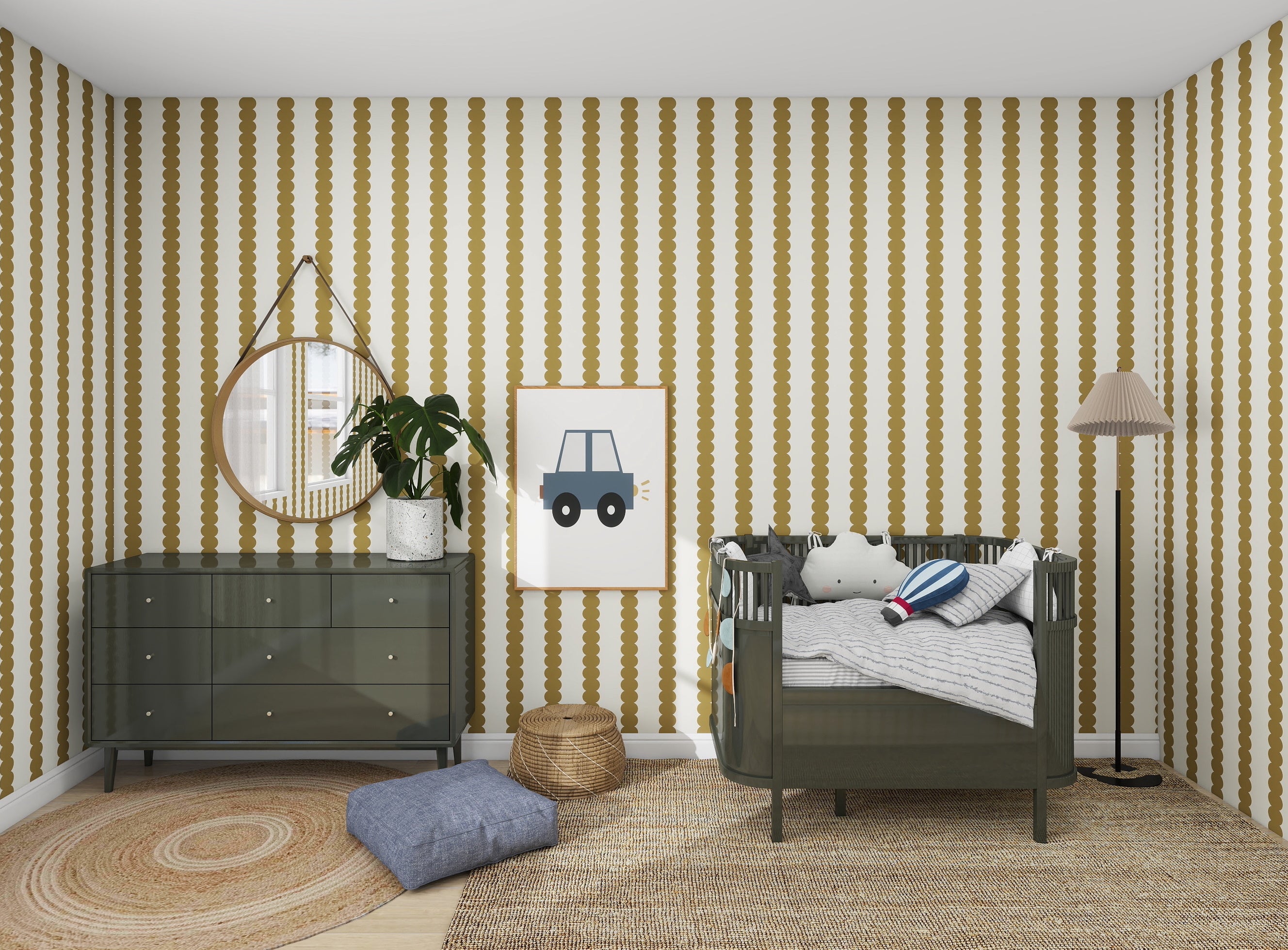 A childs room decorated with munks and mes Scallop Stripe Wallpaper Moss in cheerful yellow and white showcases a green crib, matching dresser with a potted plant, round mirror, car illustration, floor lamp, woven rug, and a blue cushion on the floor.