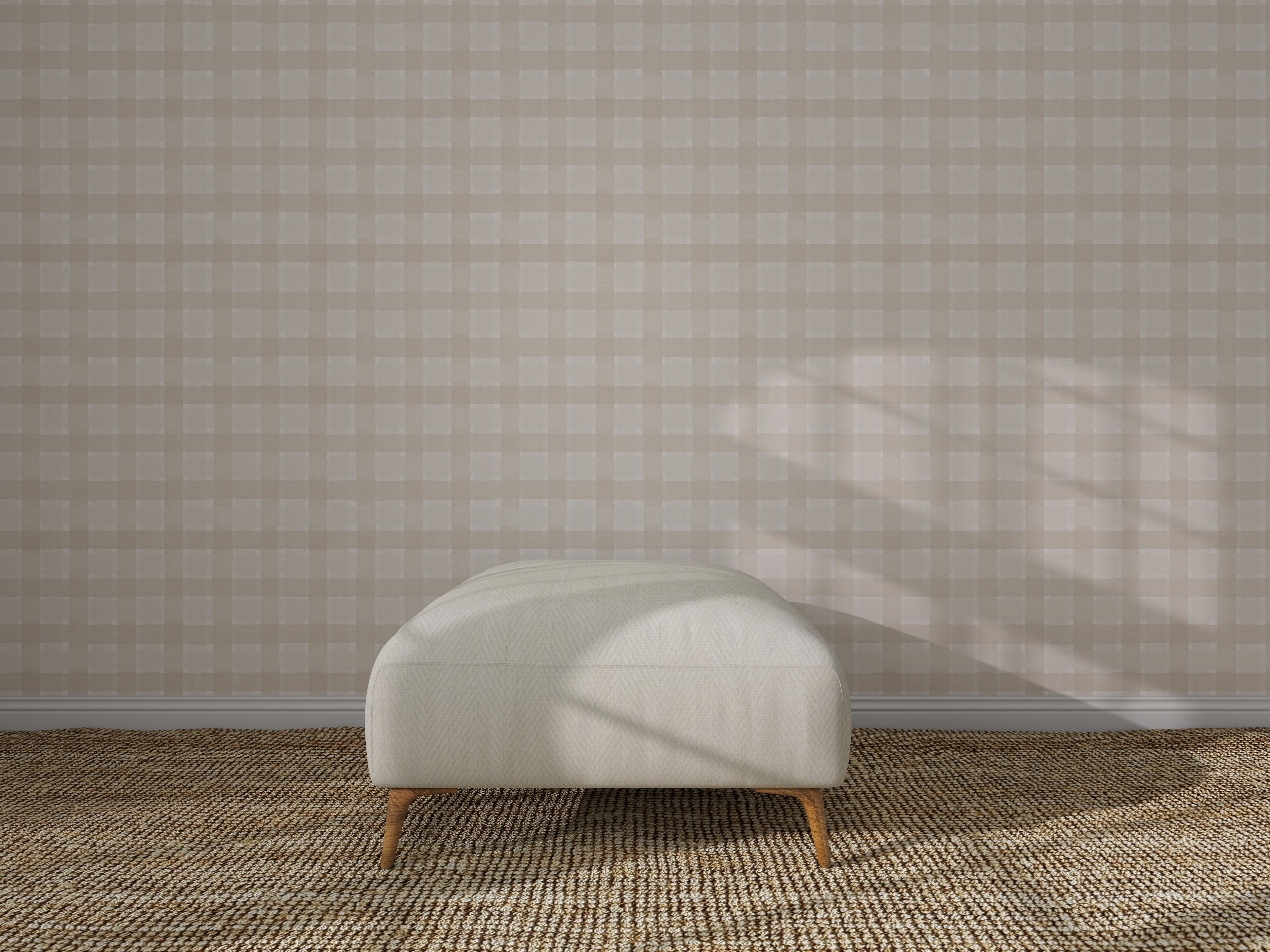 A minimalist interior showcases Checkered Wallpaper, Cream, a light upholstered bench with wooden legs, and a textured woven carpet. Sunlight casts gentle shadows, enhancing the wall decor.