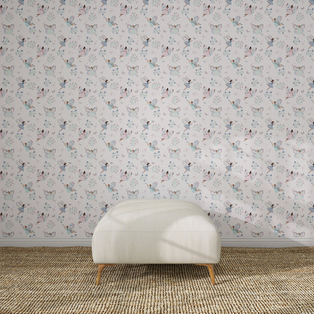 A white upholstered bench sits on a woven carpet in front of a light-colored wall adorned with Fairy Wonderland Purple Wallpaper Repeat Pattern.