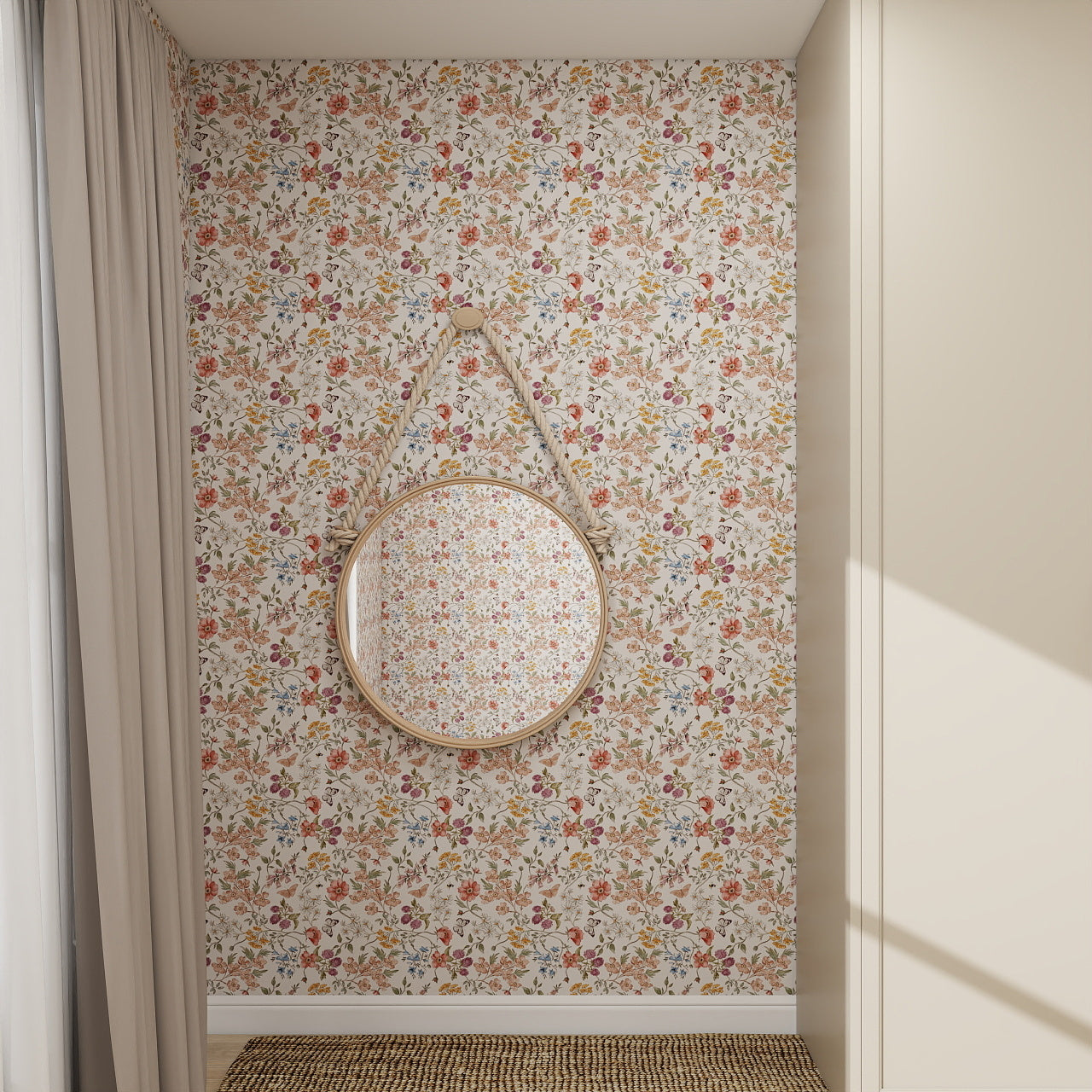 A round mirror with a tan strap hangs on a wall covered in Sunlit Butterfly Meadow Wallpaper Repeat Pattern. Light beige curtains and a woven rug are visible, with a cream-colored closet or wall on the right.