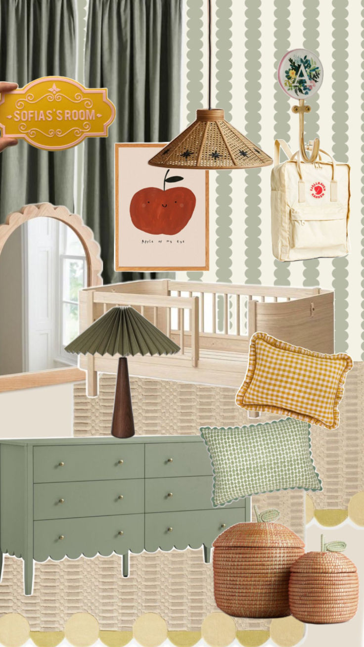 A nursery collage highlights green curtains, Scallop Stripe Wallpaper Green, scallop pillows, a wicker pendant lamp, a dresser, apple wall art, a mirror, baskets, a backpack on a hook, and a Sofias Room sign in soft green and yellow tones.
