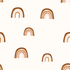 The Raining Rainbows Wallpaper Sample by munks and me showcases a minimalist pattern of simple rainbow shapes in earthy tones, with three evenly spaced arches in shades of brown and beige on a light cream background, creating a perfectly balanced neutral design.