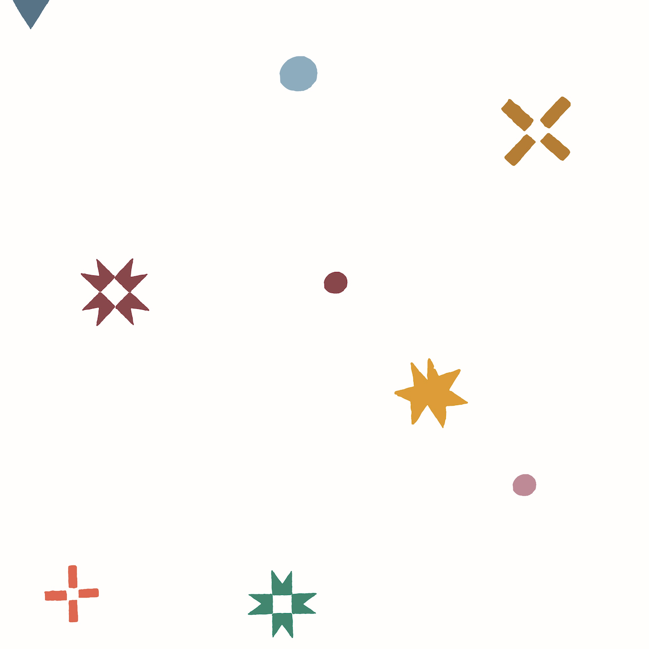 The Pebble and Patch Wallpaper Repeat Pattern from munks and me showcases an abstract minimalist design. It features a white background adorned with colorful geometric shapes like blue circles, yellow Xs, orange stars, red asterisks, green stars, pink circles, red dots, and a small blue triangle in the top left corner.