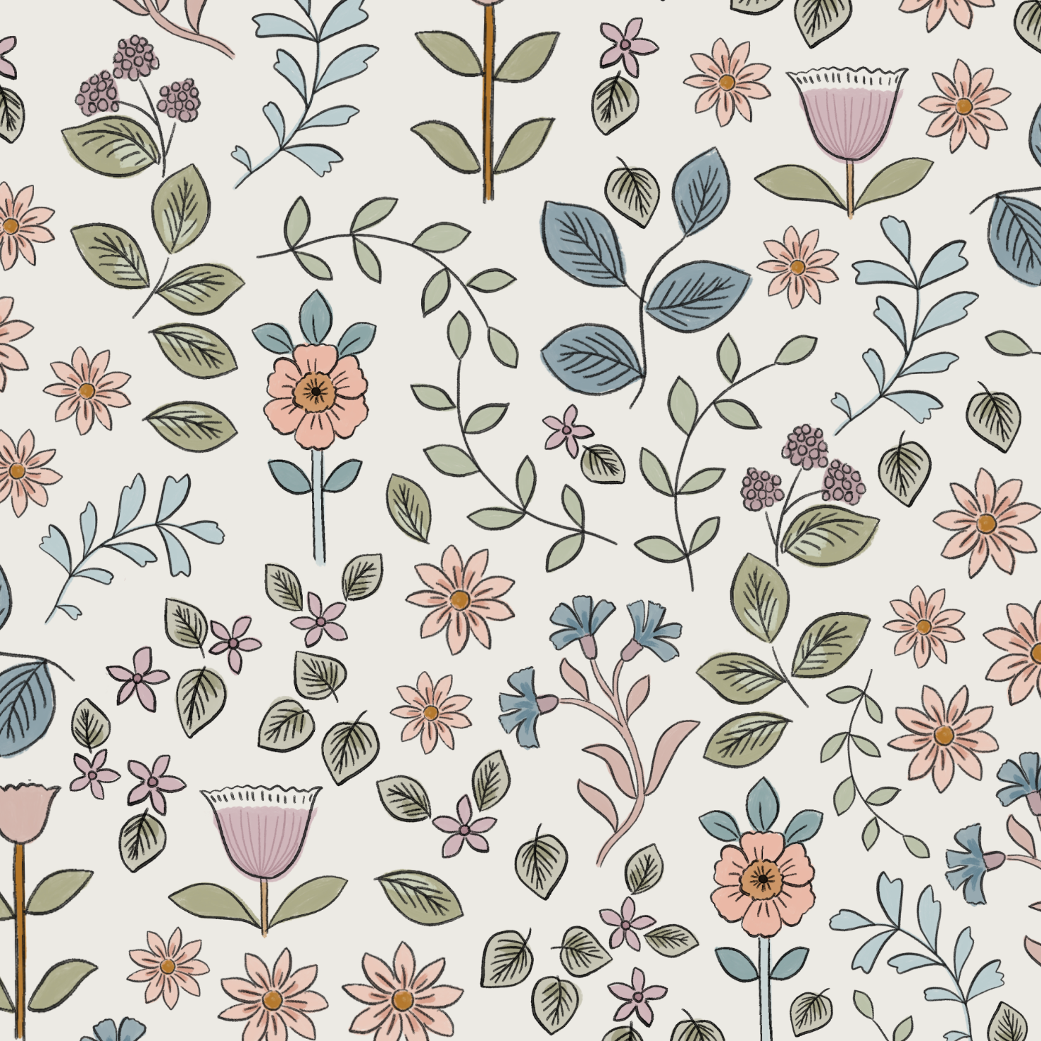 Ditsy Blooms Wallpaper Repeat Pattern features hand-drawn flowers and leaves in soft pastel colors on a light background, creating a seamless, delicate, and whimsical decor with varied blooms and foliage shapes.