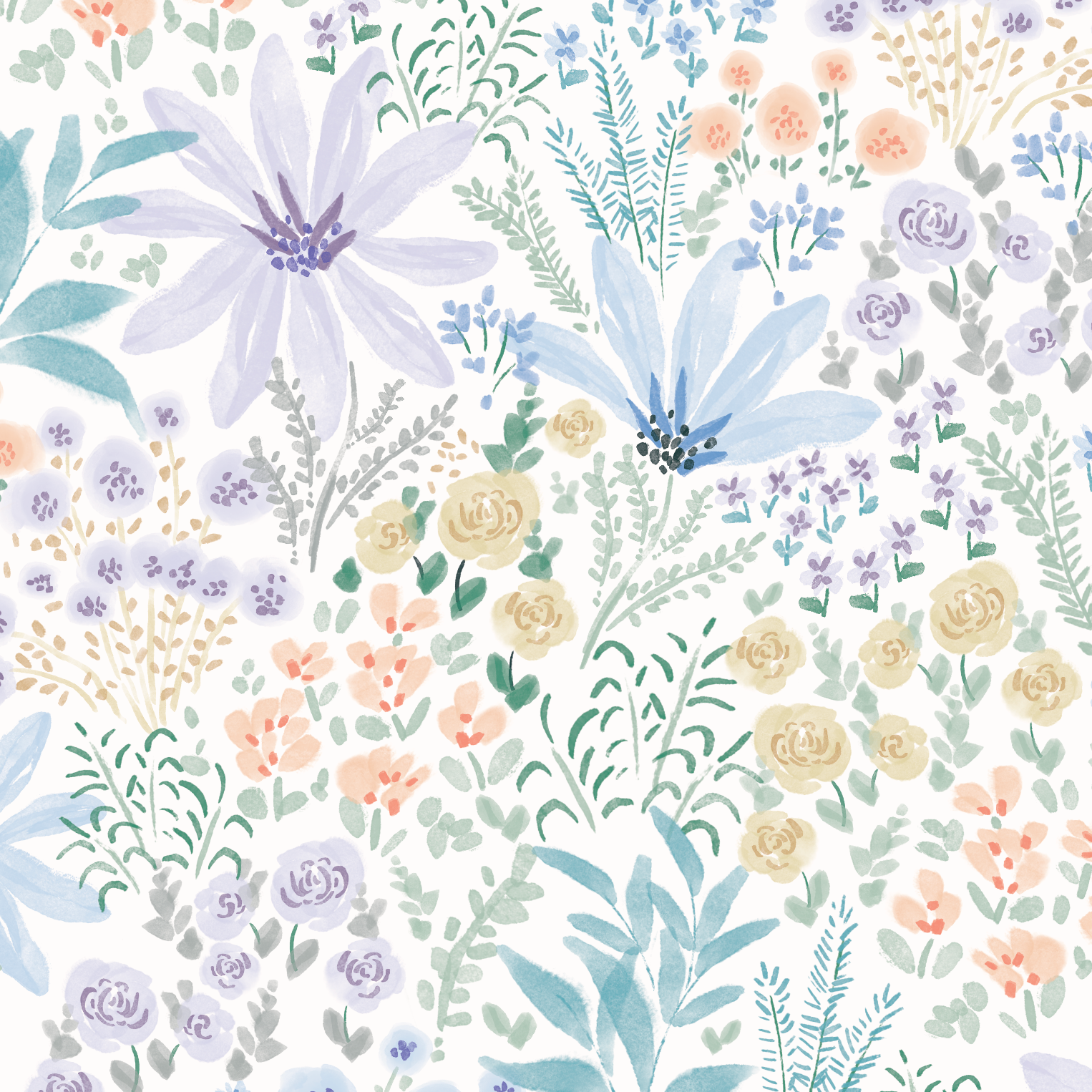 The Wildflower Waltz Wallpaper Repeat Pattern features seamless watercolor flowers and leaves in pastel blue, purple, peach, and green for a soft, whimsical botanical design with scattered ditsy blooms.