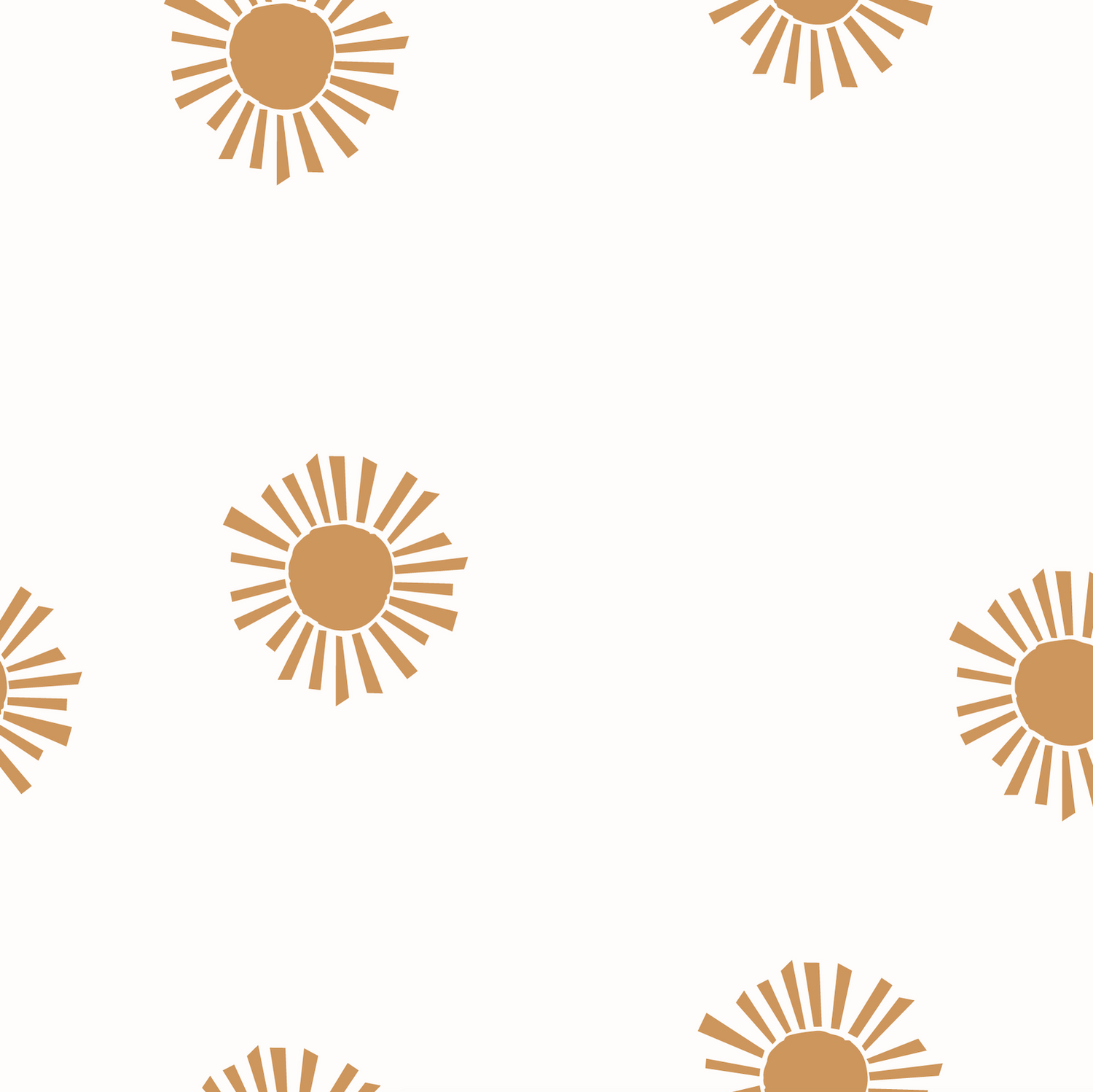Shining Sun Wallpaper | Sample features simple, stylized brown sunburst shapes evenly spaced on a white background, bringing a subtle accent to any space.