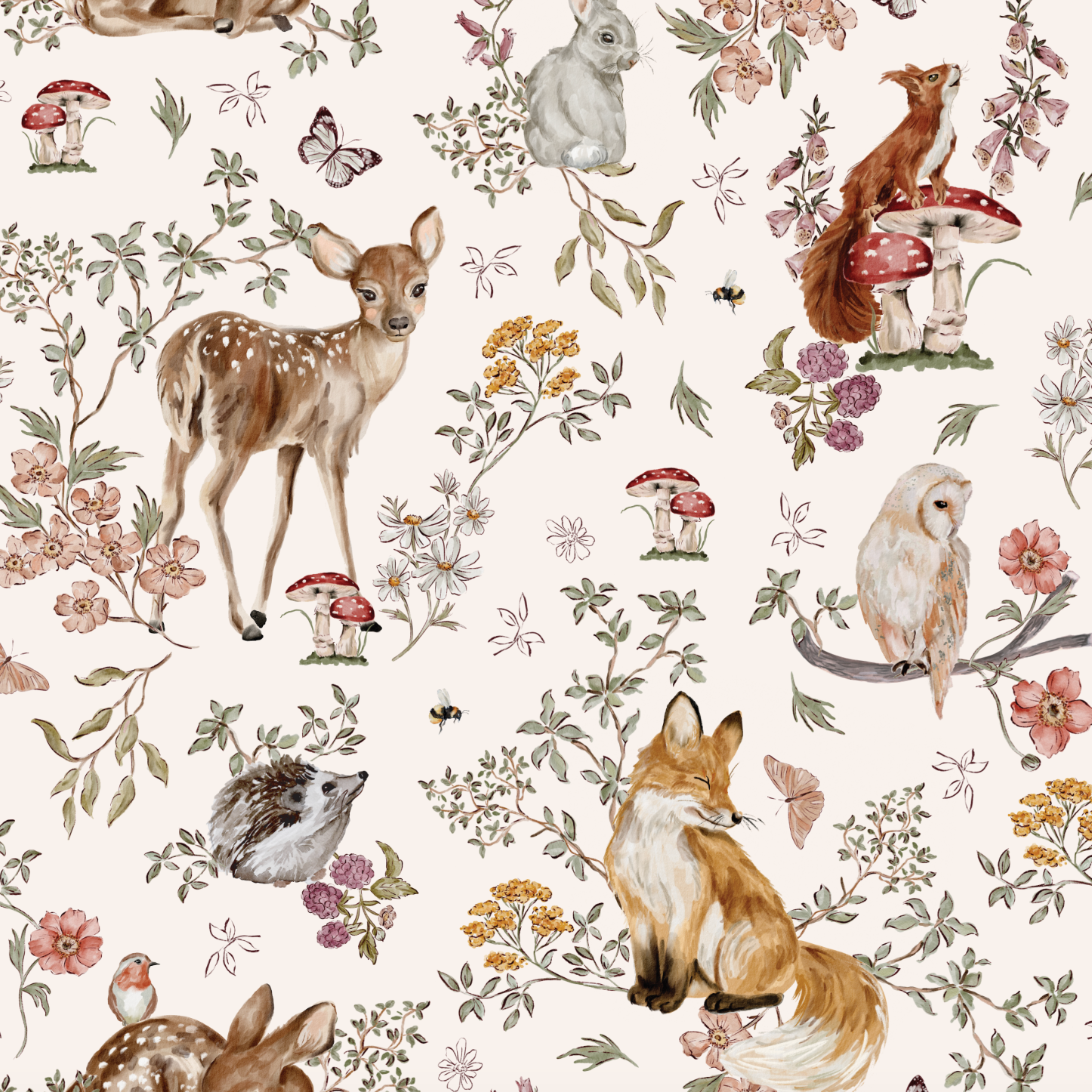 Whimsical Woodland Wallpaper features a seamless design with deer, fox, rabbit, owl, and hedgehog among flowers, butterflies, mushrooms, and greenery on a light background—ideal for nursery wallpaper.
